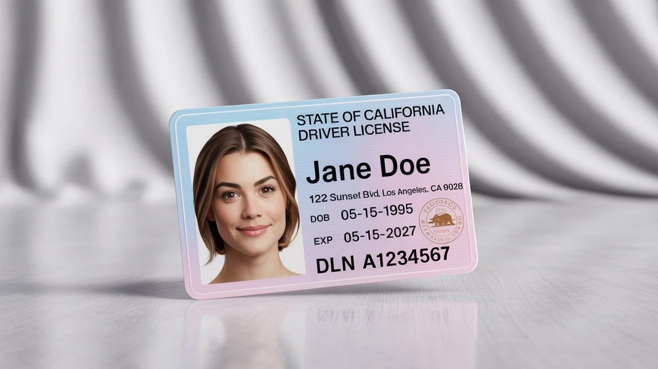 A photorealistic mockup of a fictional California driver's license for 'Jane Doe', showcasing its realistic details and security features on a clean white background.