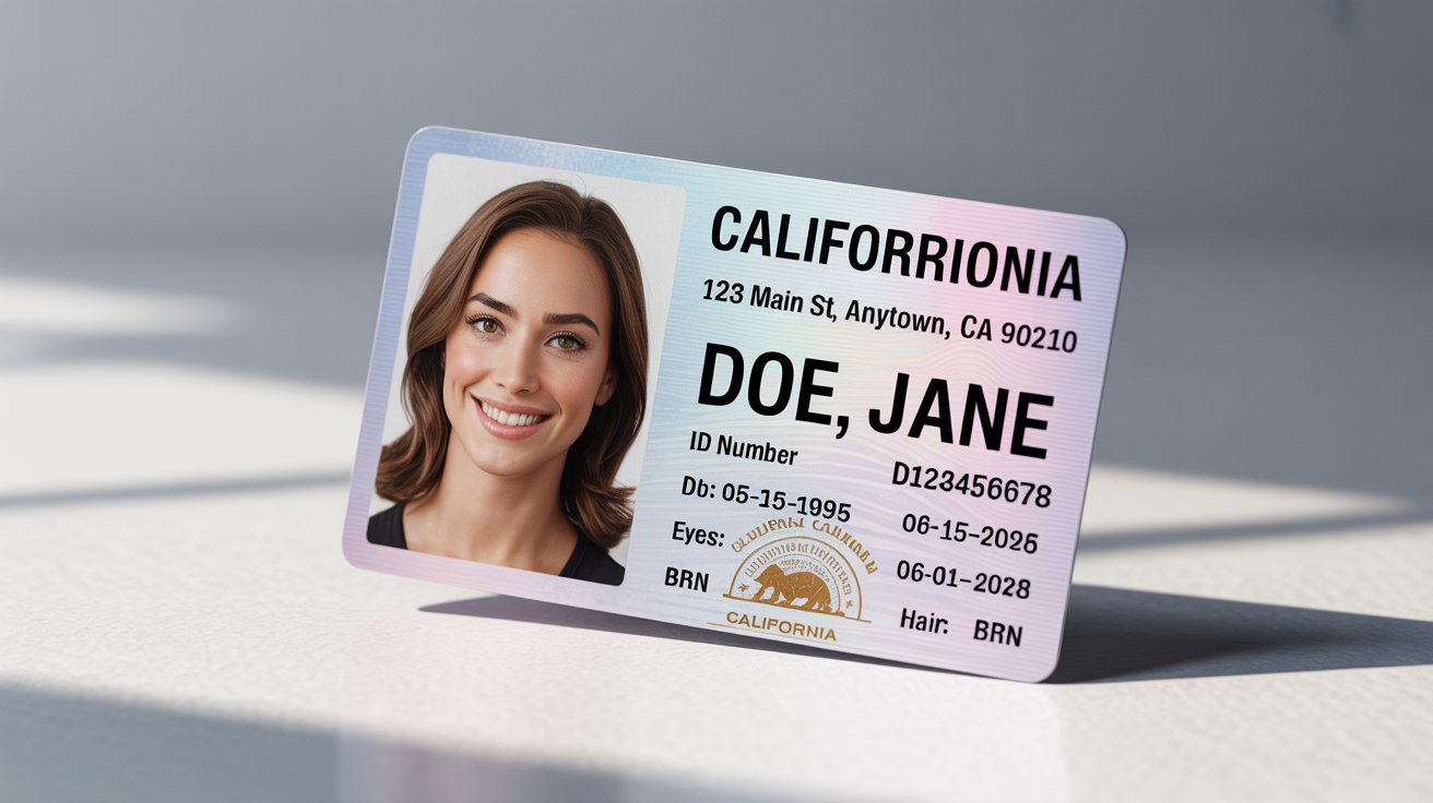 A realistic mockup of a fictional California driver's license for Jane Doe, displayed at an angle on a clean white surface.