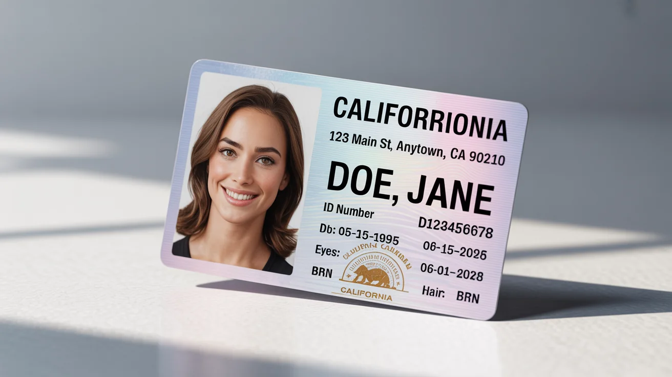 A realistic mockup of a fictional California driver's license for Jane Doe, displayed at an angle on a clean white surface.