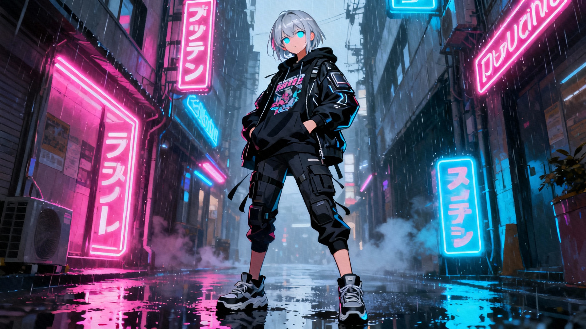 A highly detailed anime illustration of a woman with silver hair in futuristic streetwear, standing in a neon-lit, rain-slicked Tokyo alley at night.