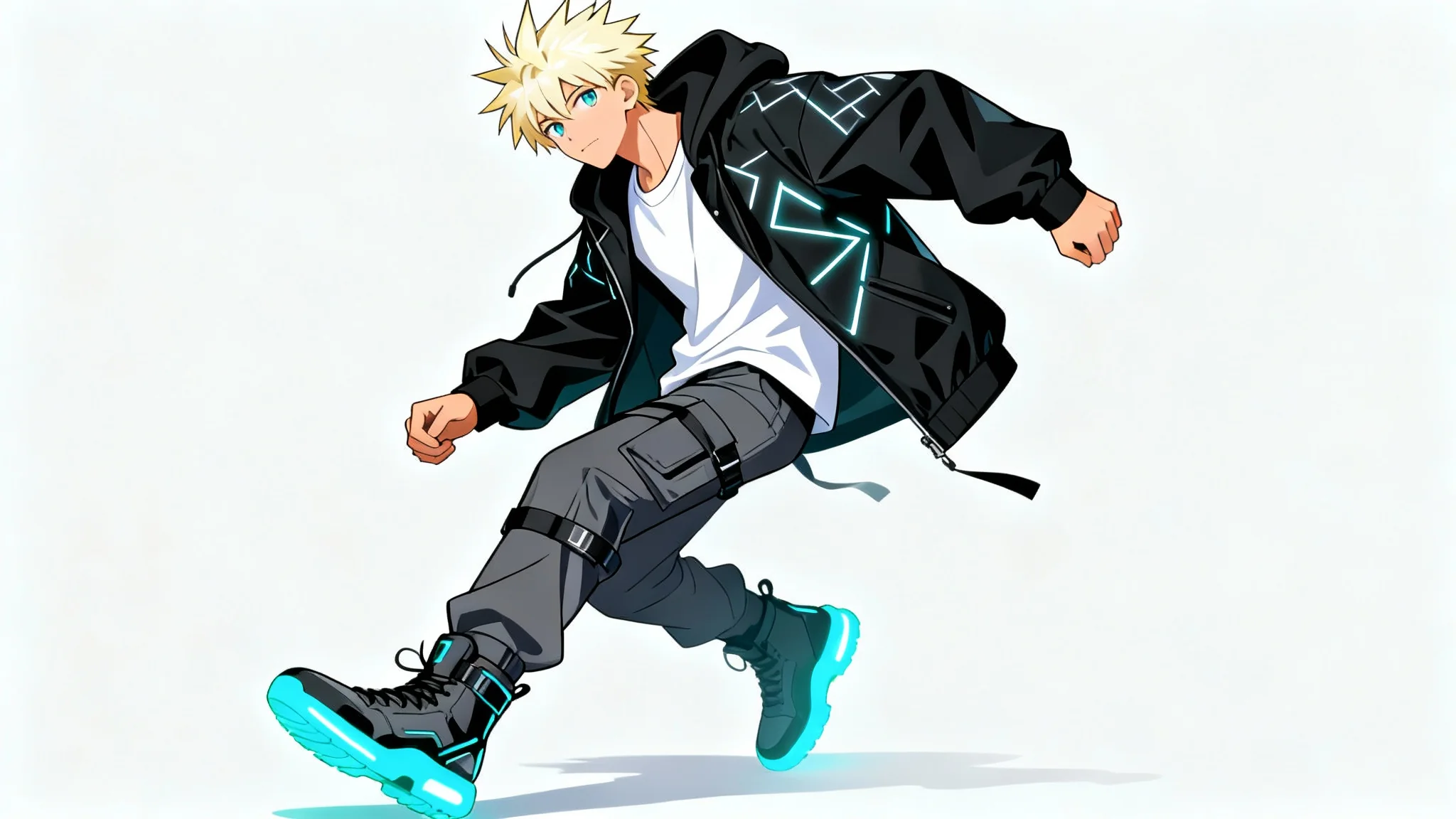 A digital art piece in an anime style featuring a character in streetwear. The character has blond hair and is wearing a black windbreaker, cargo pants, and glowing sneakers against a white background.