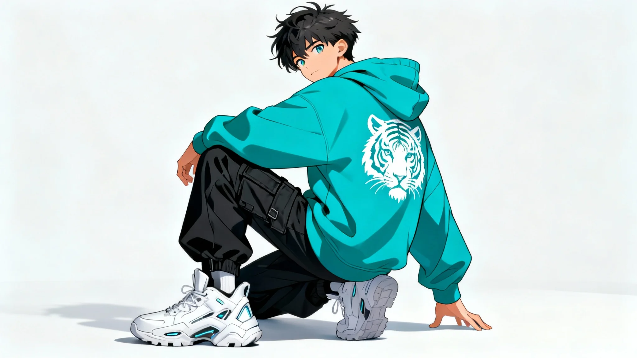 An anime character design of a young man in stylish streetwear, featuring a teal hoodie and black cargo pants, posing confidently against a solid white background.