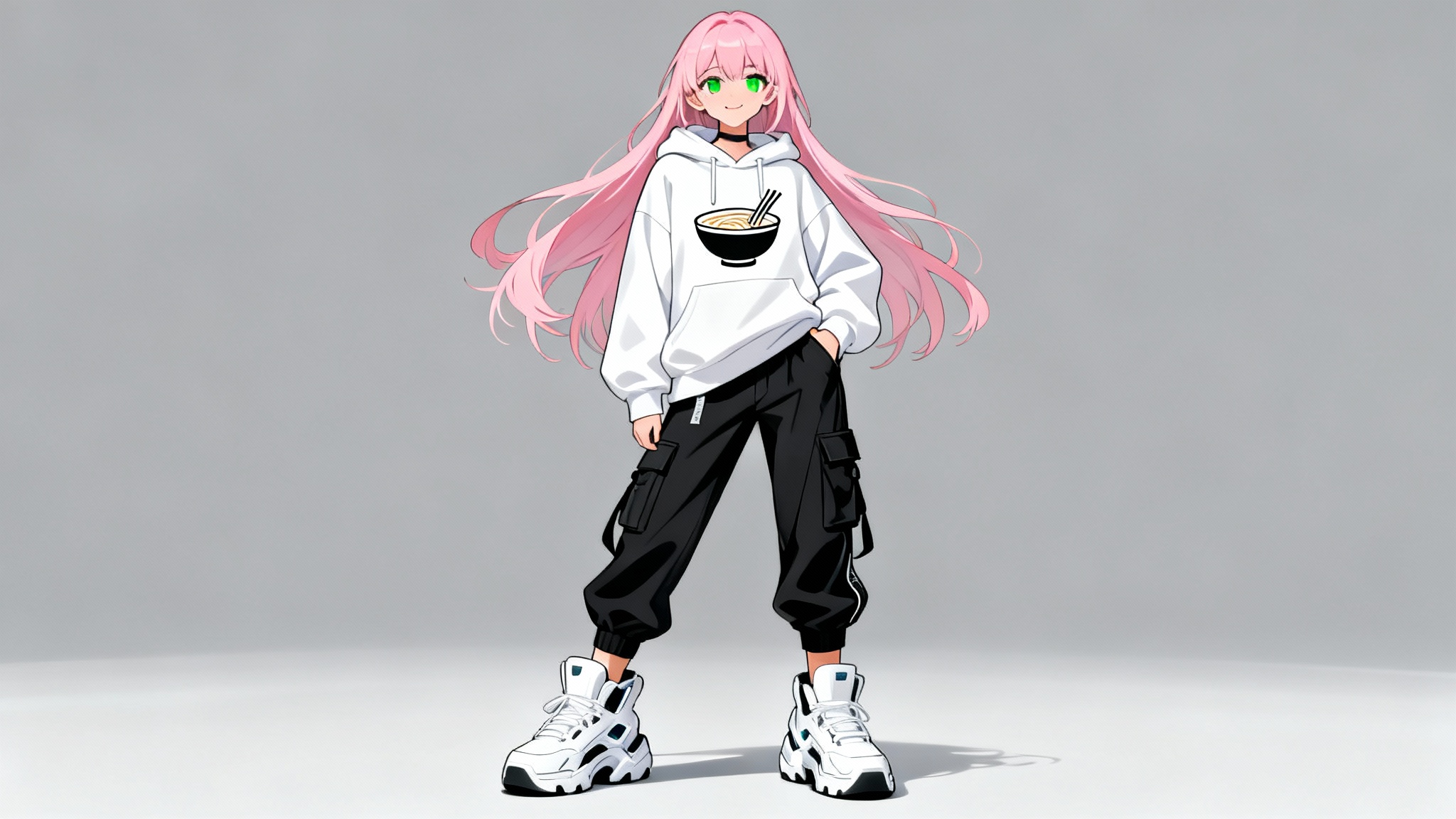 A full-body illustration of an anime girl with pink hair wearing stylish streetwear, including an oversized white hoodie and cargo joggers, posing confidently against a plain gray background.