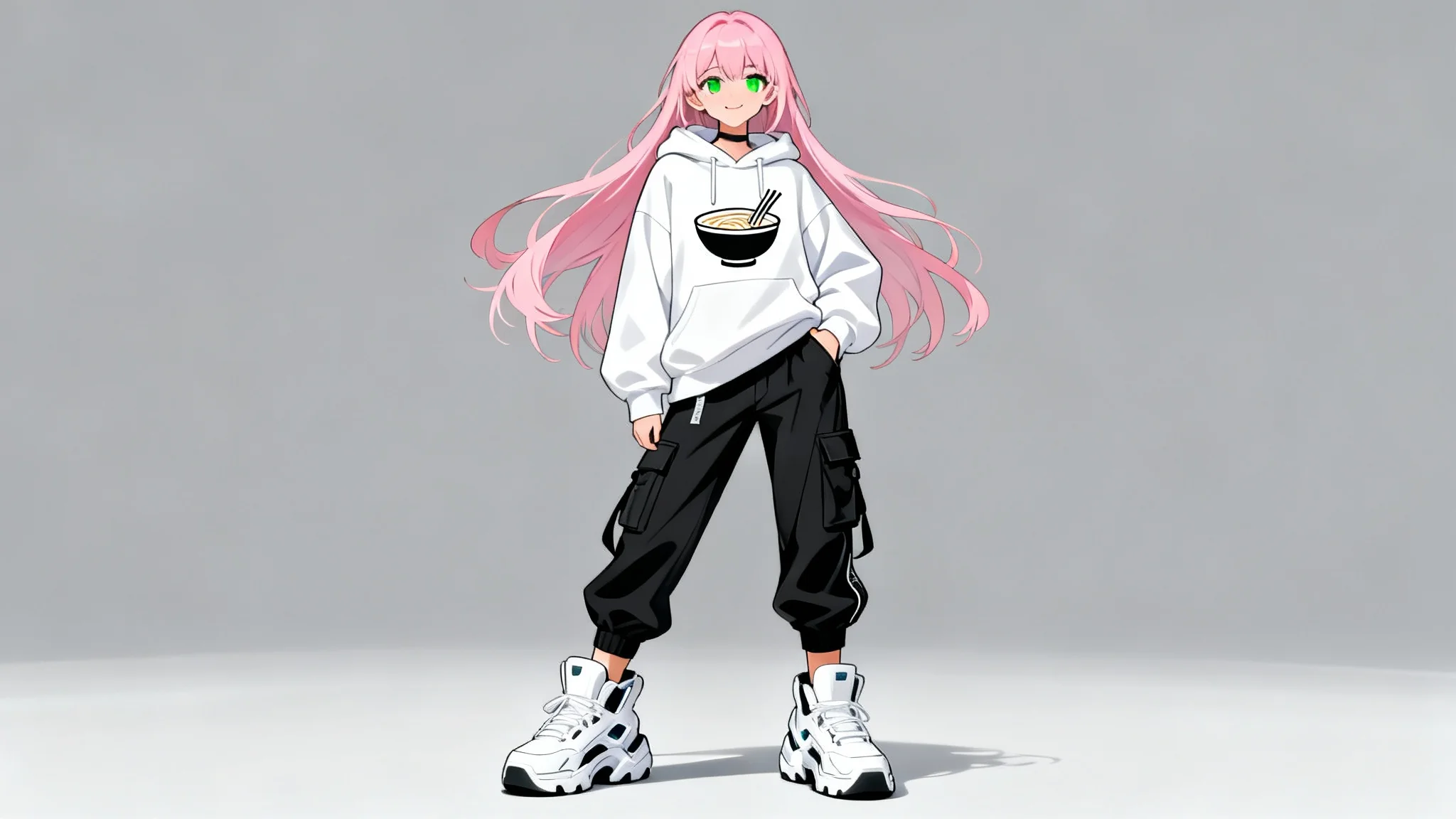 A full-body illustration of an anime girl with pink hair wearing stylish streetwear, including an oversized white hoodie and cargo joggers, posing confidently against a plain gray background.