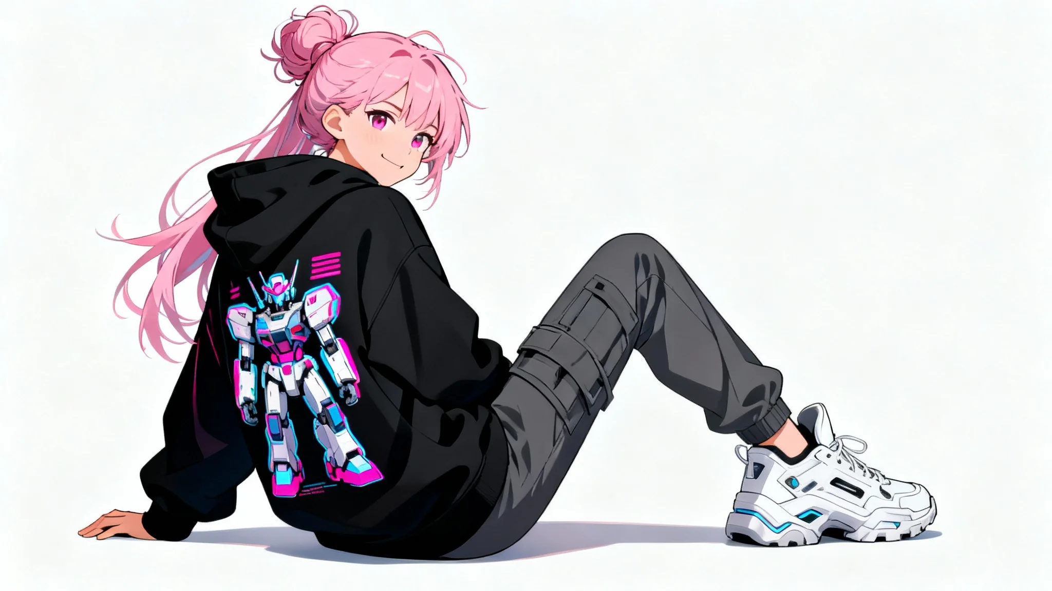An illustration of a stylish anime character wearing an oversized black hoodie with a detailed 90s-style mecha robot graphic on the back, representing anime streetwear art.