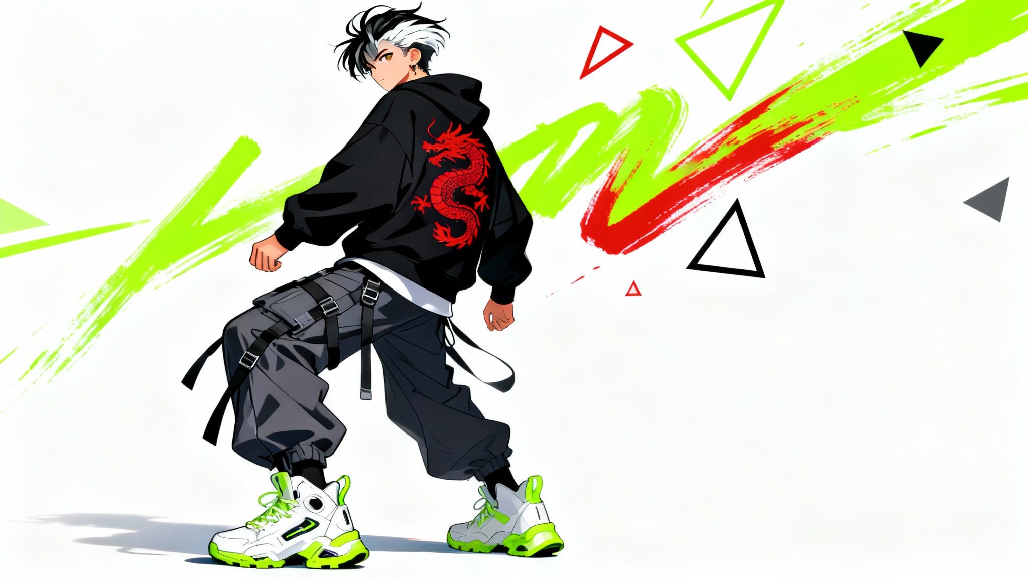 An anime-style illustration of a young man in modern streetwear, featuring an oversized hoodie with a dragon design, techwear pants, and chunky sneakers, posing against a white background with abstract graphic elements.