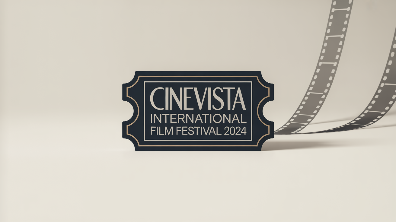 A professionally designed logo for a film festival named 'CINEVISTA', shaped like a classic movie ticket in navy, gold, and cream, set against a clean background.