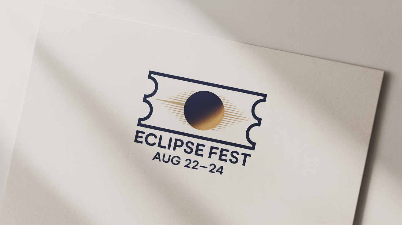 A modern and professional logo for 'ECLIPSE FEST', featuring a stylized ticket and eclipse graphic in navy blue and gold, presented as a mockup on a clean white background.