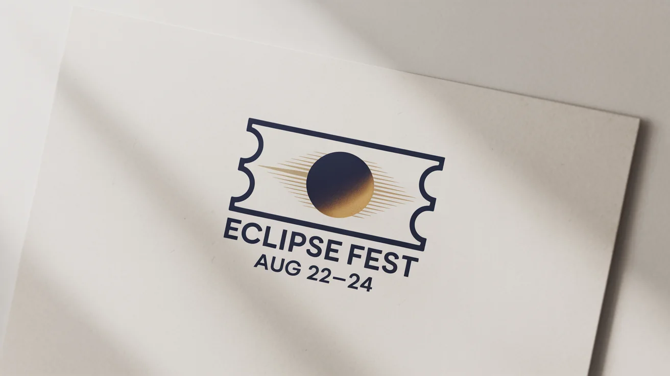 A modern and professional logo for 'ECLIPSE FEST', featuring a stylized ticket and eclipse graphic in navy blue and gold, presented as a mockup on a clean white background.