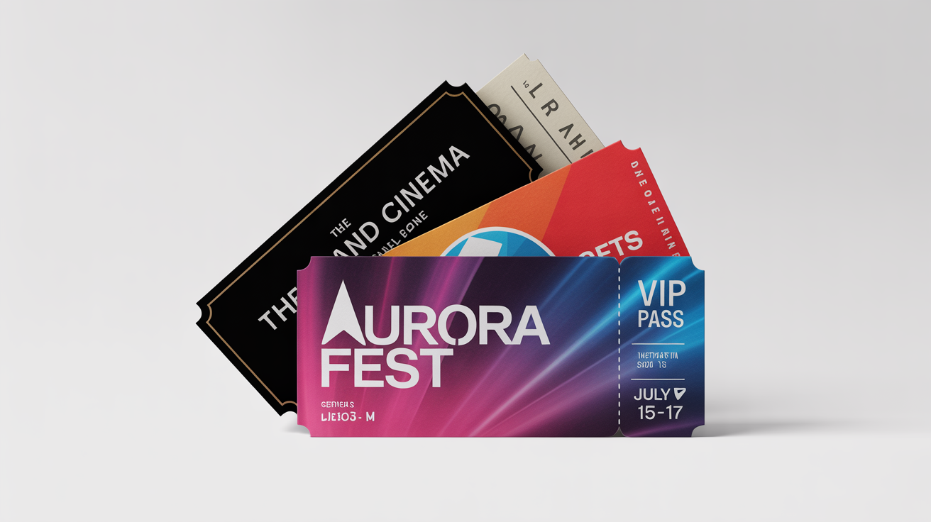 A mockup of several event tickets with custom logos, including a vibrant music festival ticket, a classic movie ticket, and a sports ticket, all displayed on a white background.