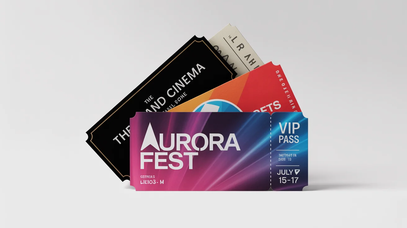 A mockup of several event tickets with custom logos, including a vibrant music festival ticket, a classic movie ticket, and a sports ticket, all displayed on a white background.