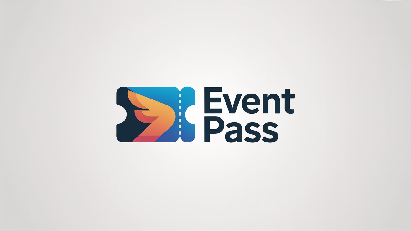 A modern logo mockup for a ticketing company named 'EVENT PASS', featuring a stylized ticket icon in blue and orange on a white background.