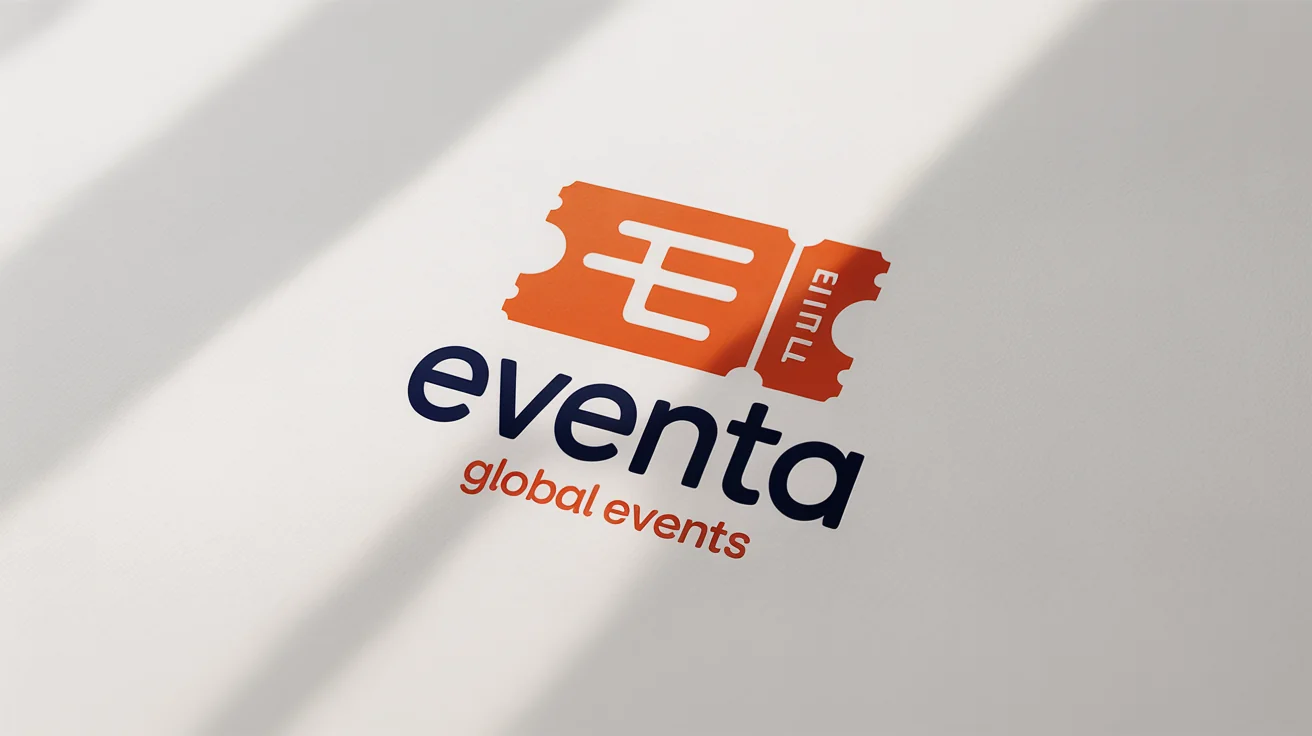 A modern, minimalist logo for an event company named 'EVENTA'. The design, featuring a ticket-shaped icon, is displayed in navy blue and orange on a clean white background.