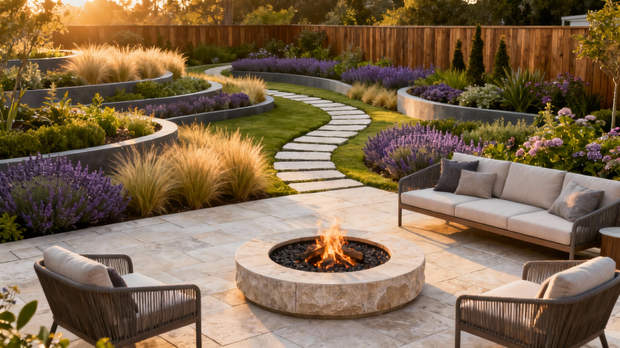 A stunning, professionally designed modern backyard garden at sunset, featuring a stone patio with stylish furniture and a fire pit, surrounded by lush, vibrant flower beds.