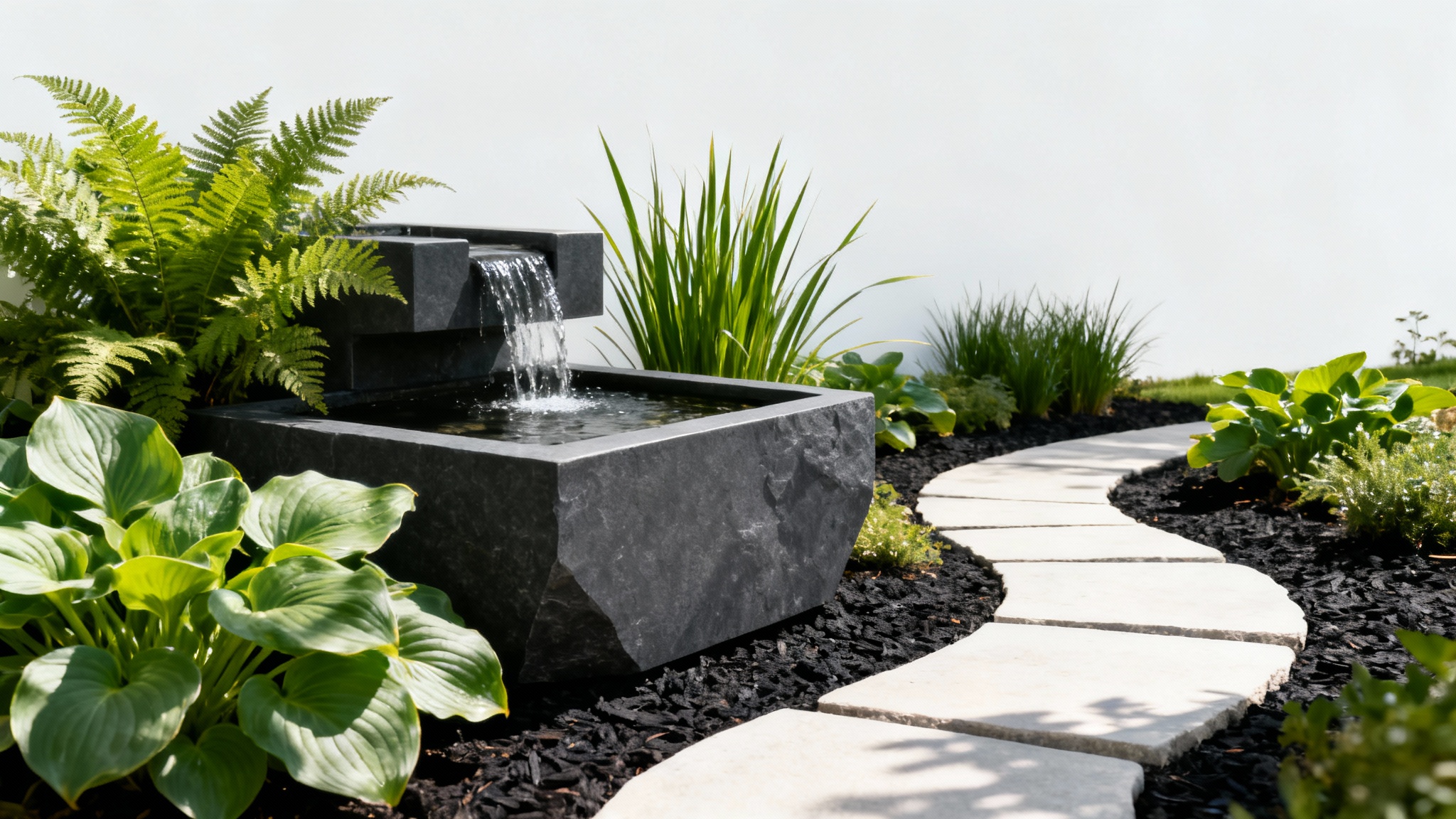 A mockup of a modern garden design featuring a stone water feature, lush greenery, and a stepping stone path, all displayed against a clean, off-white background.