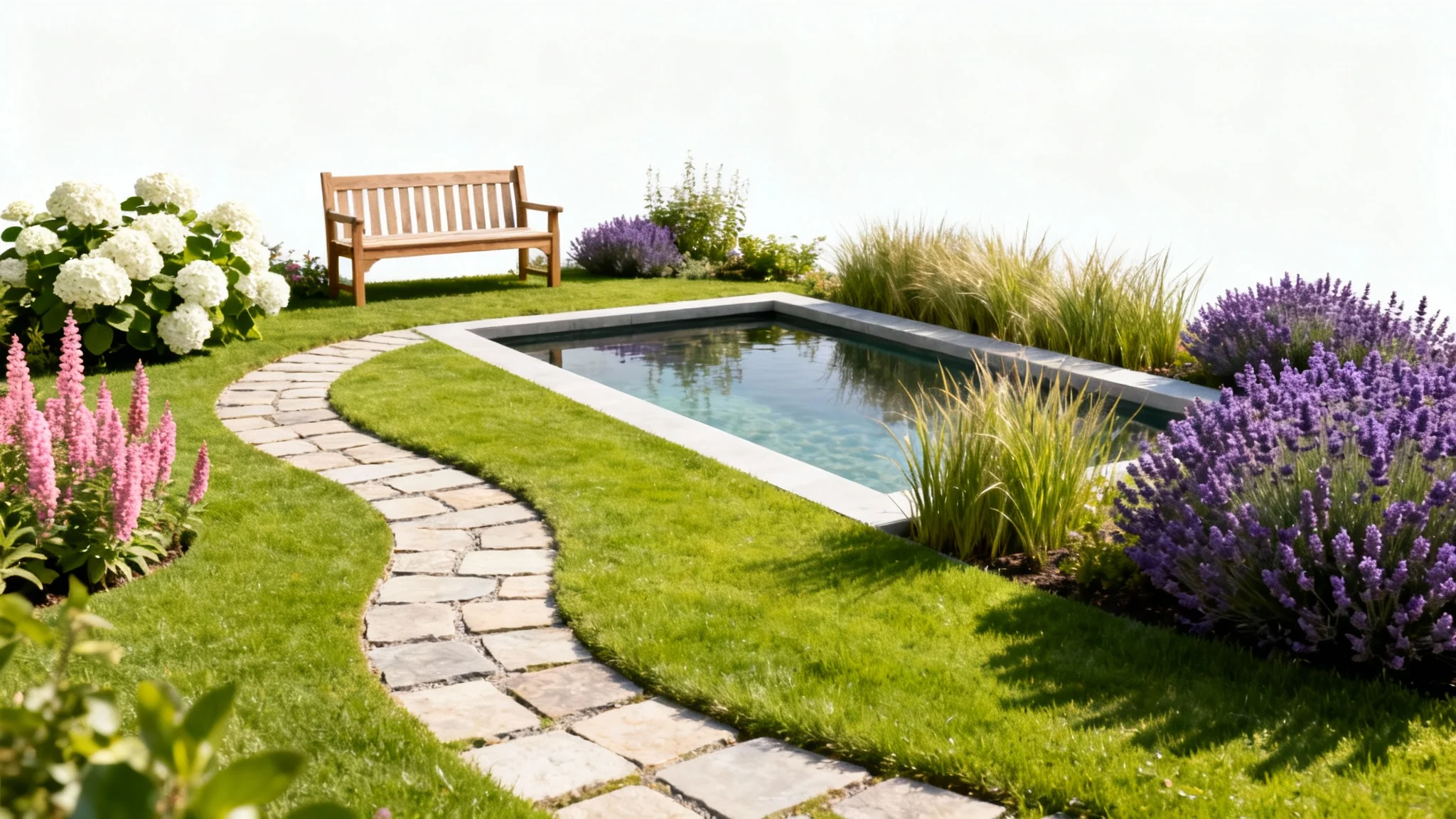 A beautifully designed modern garden with a stone path, a water feature, and a wooden bench, showcased against a clean white background.