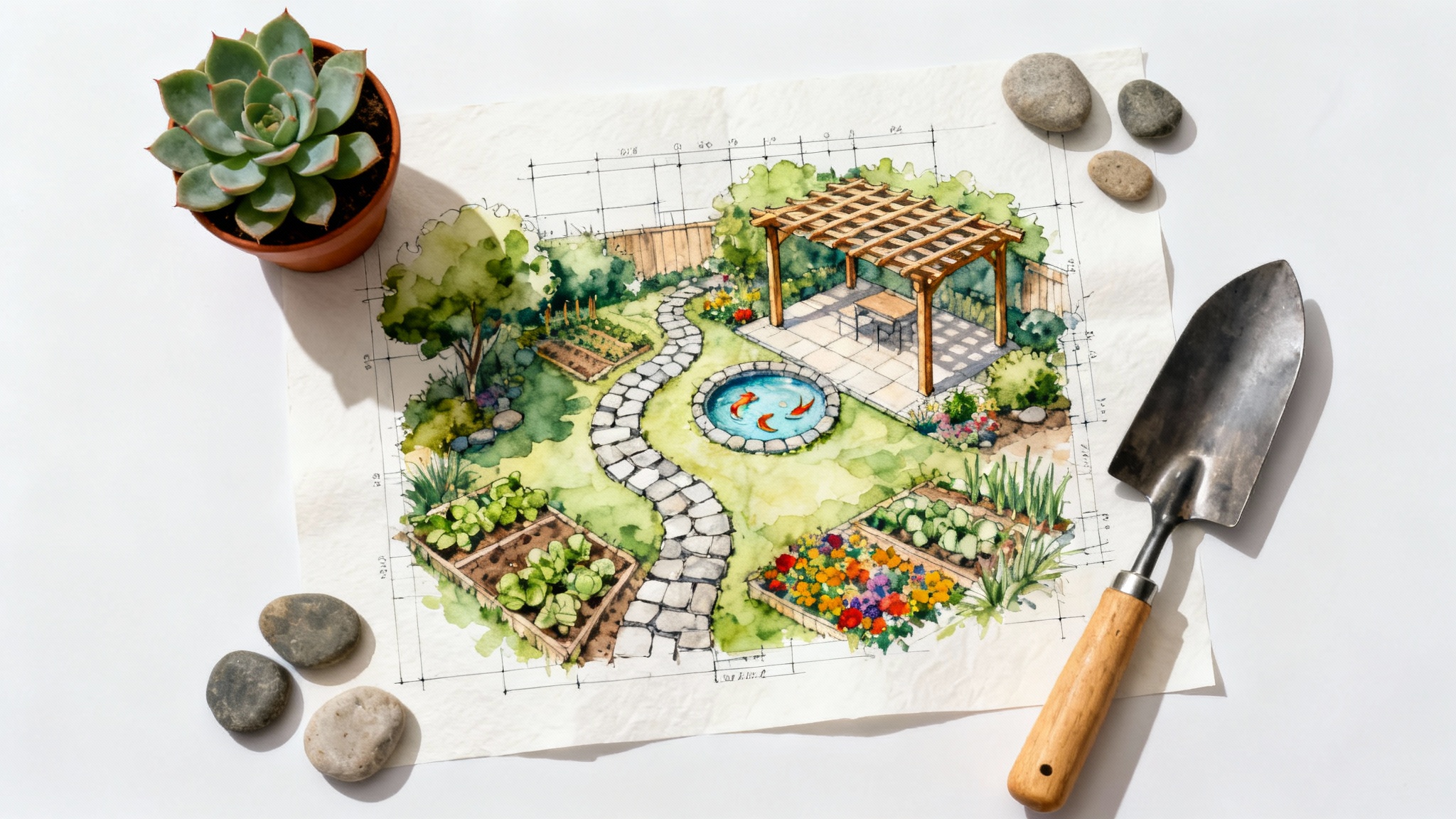 A flat lay of a garden design plan on a white background, featuring a watercolor blueprint surrounded by a small potted plant, a trowel, and river stones.