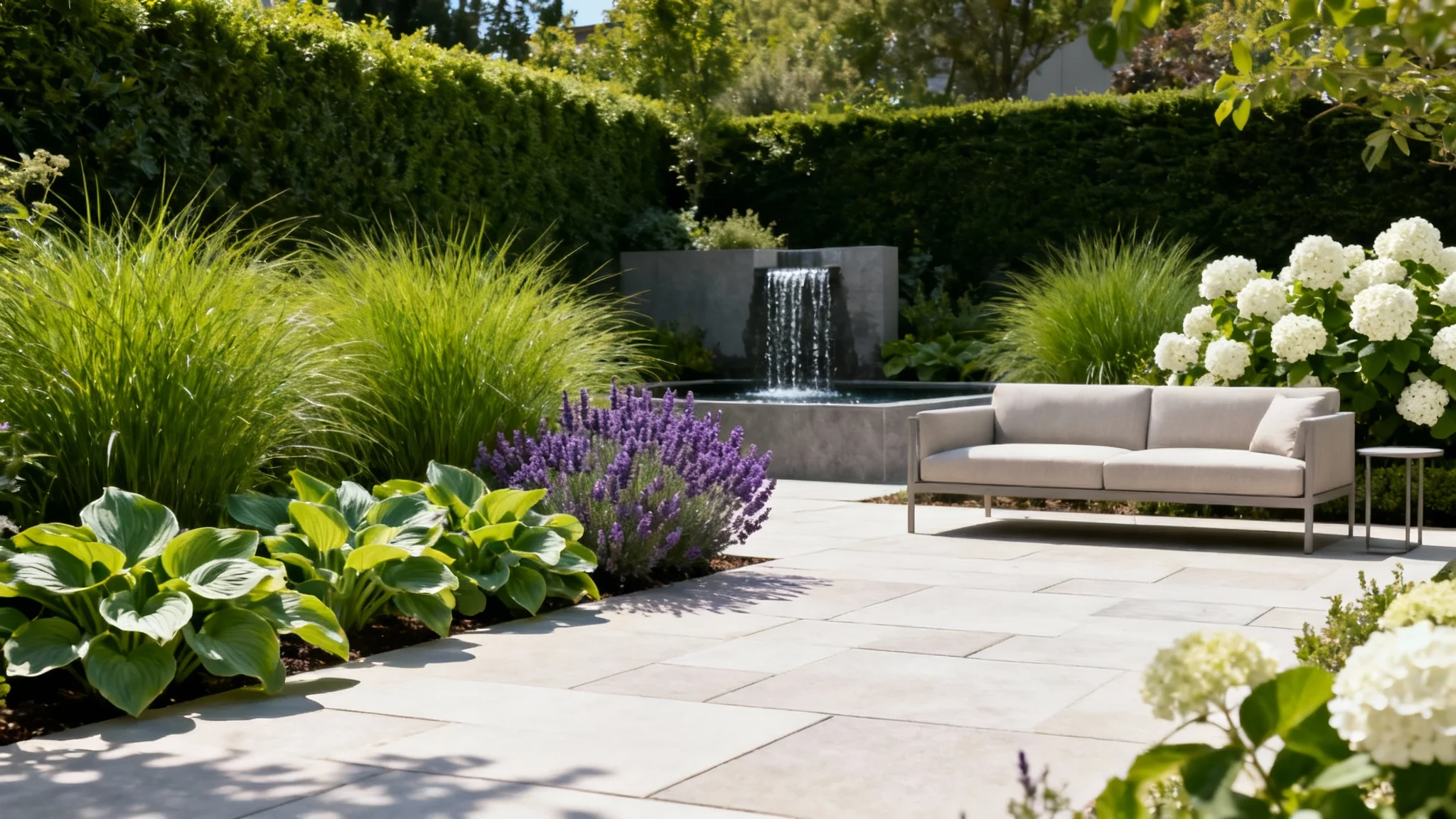A photorealistic image of a beautifully designed modern garden with a stone patio, stylish outdoor furniture, lush green plants, and colorful flowers on a bright, sunny day.