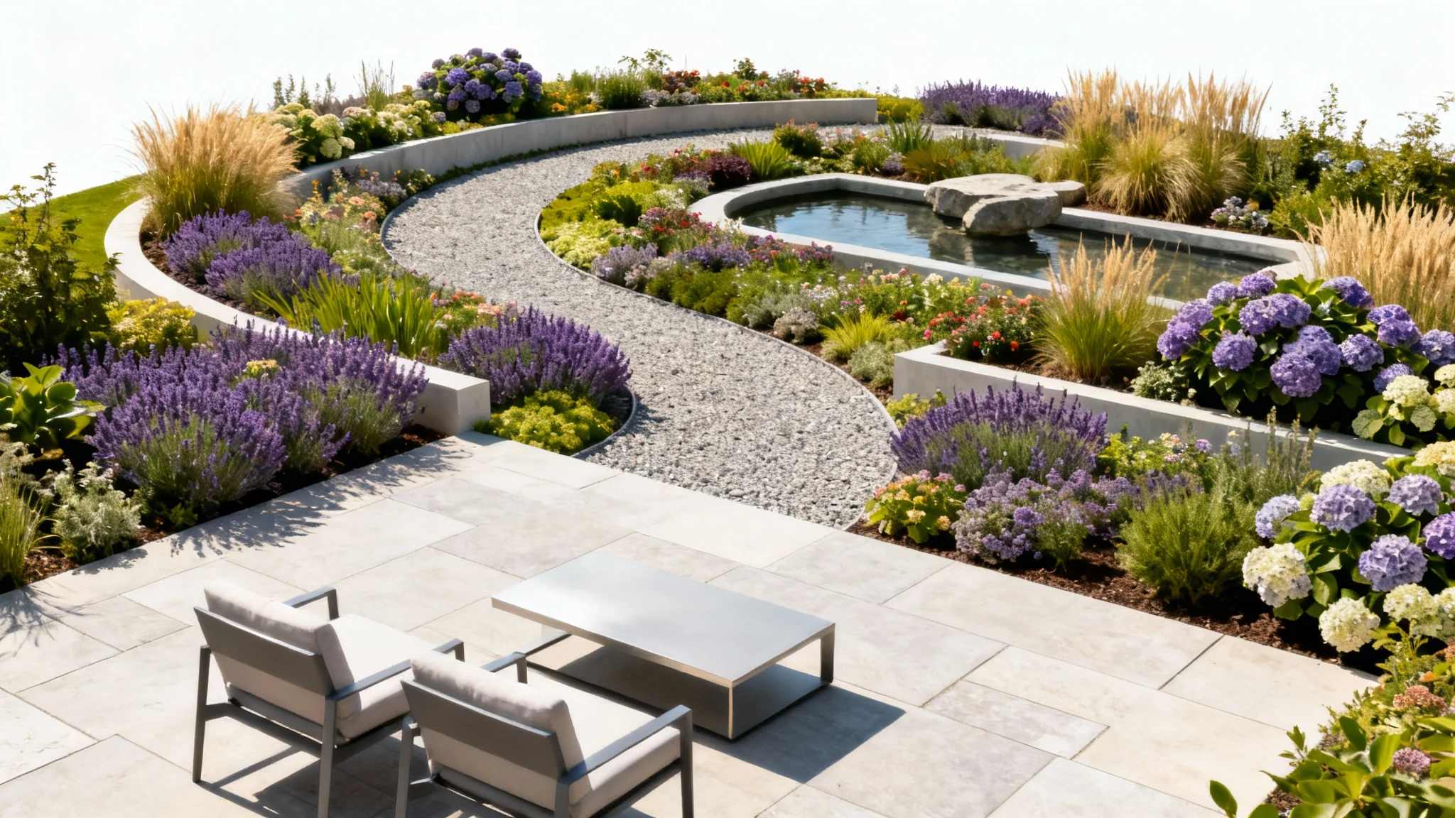A beautifully designed modern backyard garden with a stone patio, comfortable seating, lush flowerbeds on multiple levels, and a tranquil water feature, all under bright sunlight, presented as a mockup.