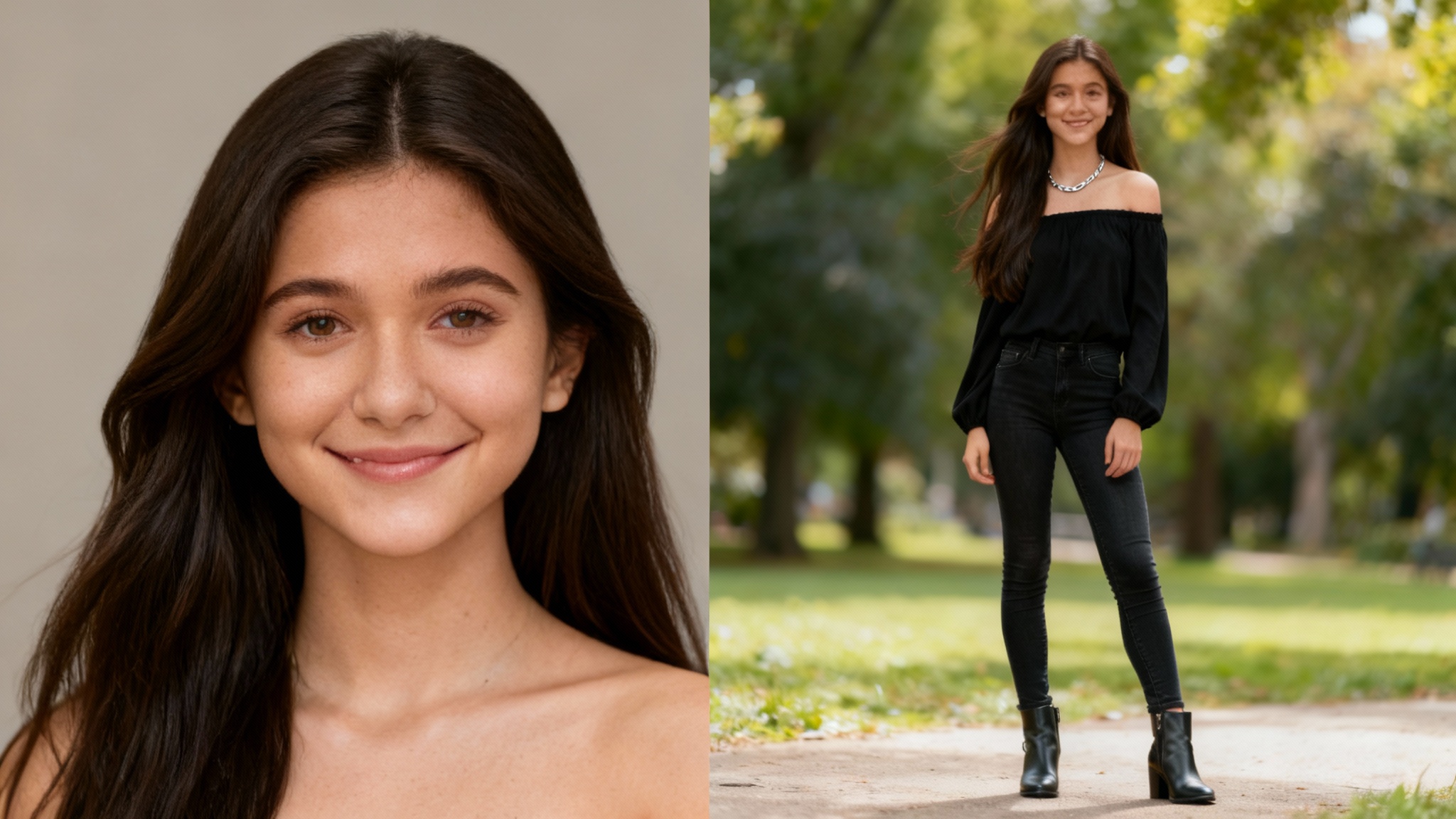 A before-and-after image showing AI expansion. The left side shows a headshot of a woman. The right side shows the same woman in a full-body portrait, wearing a black top and jeans in a park, demonstrating the AI's ability to generate the rest of the image.