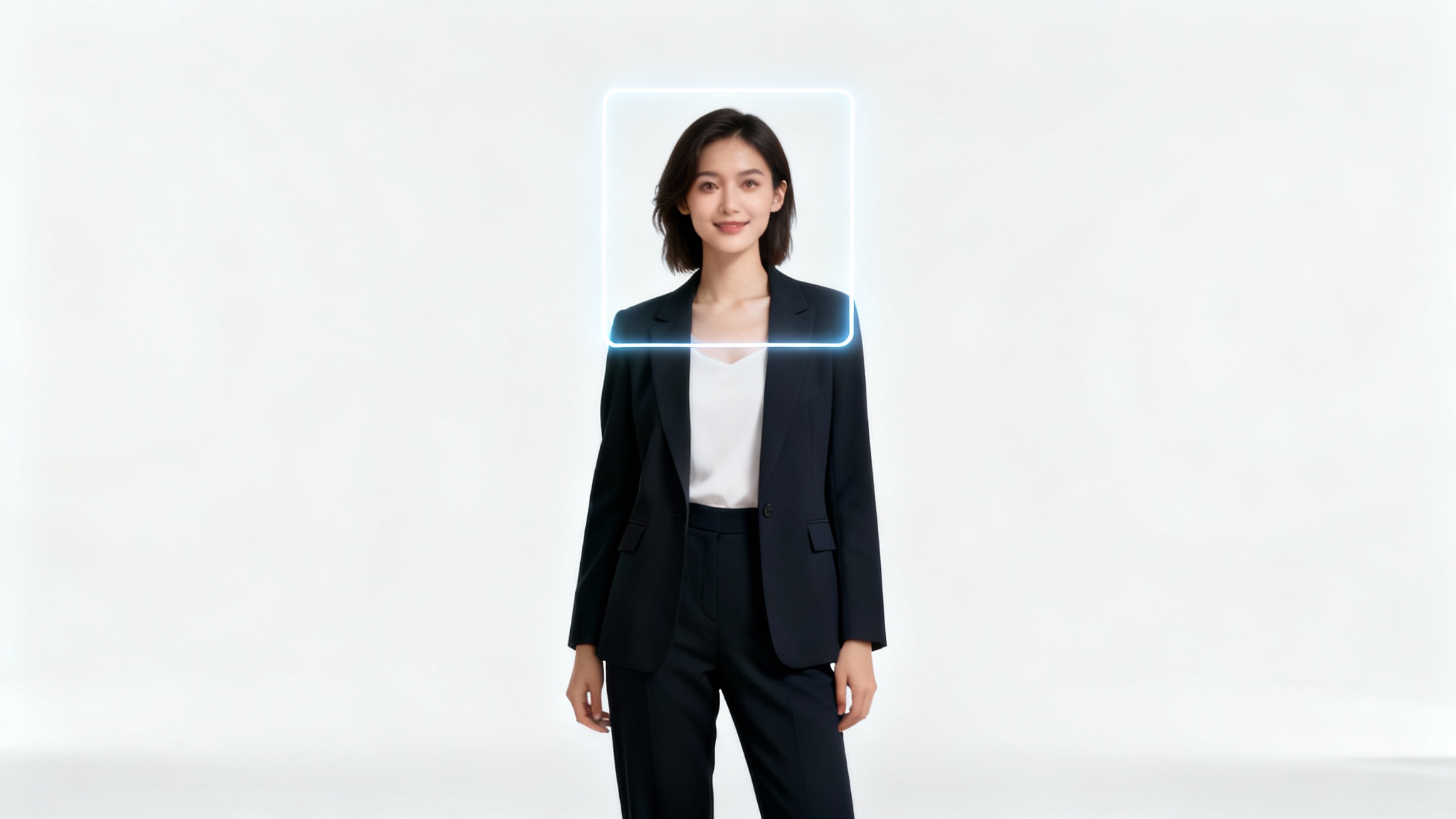 A conceptual image showing a full-body photo of a woman, with a glowing rectangle framing her head and shoulders to represent the transformation from a headshot to a full-body picture.