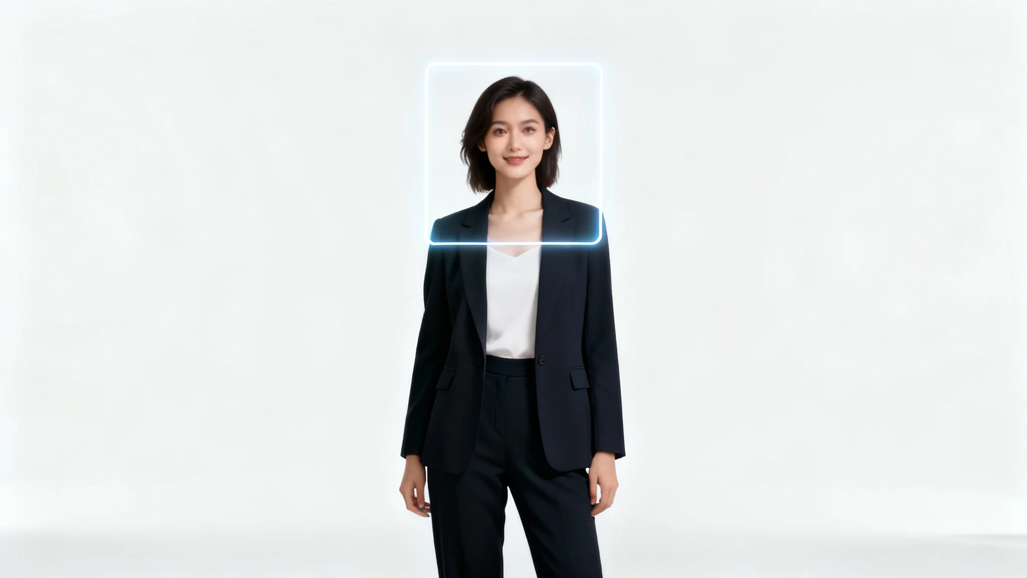 A conceptual image showing a full-body photo of a woman, with a glowing rectangle framing her head and shoulders to represent the transformation from a headshot to a full-body picture.