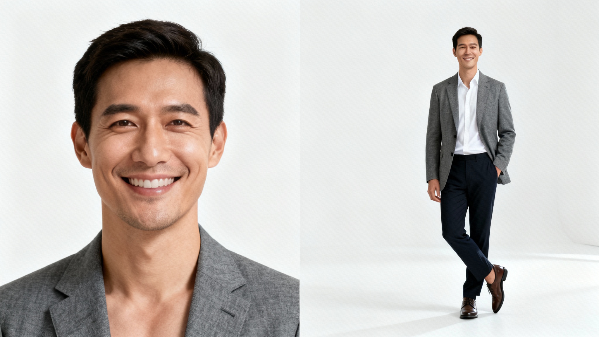 A conceptual image demonstrating a headshot being turned into a full-body picture. The left side shows a man's headshot, and the right side shows the completed full-body image of the same man in the same outfit.