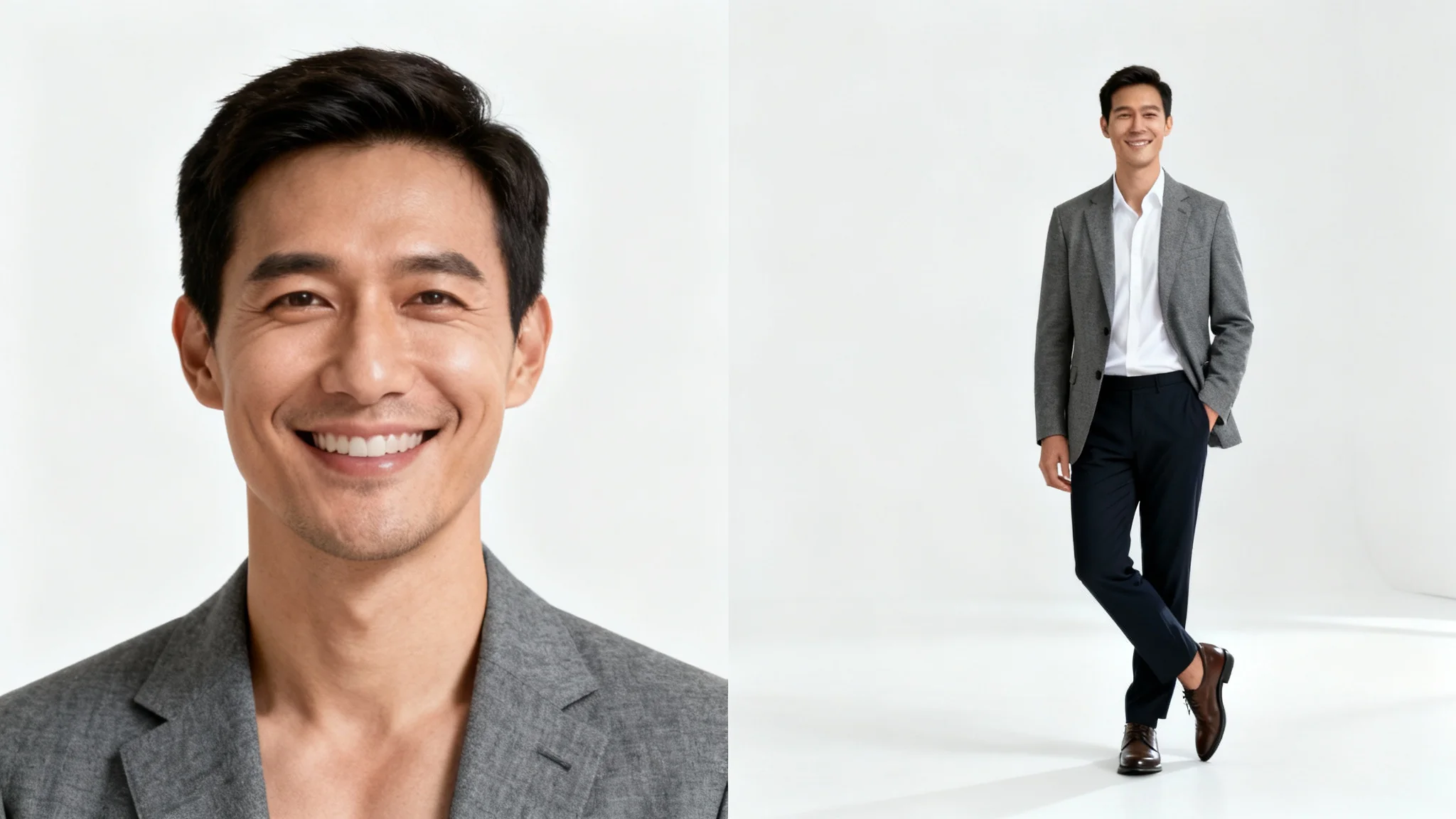 A conceptual image demonstrating a headshot being turned into a full-body picture. The left side shows a man's headshot, and the right side shows the completed full-body image of the same man in the same outfit.