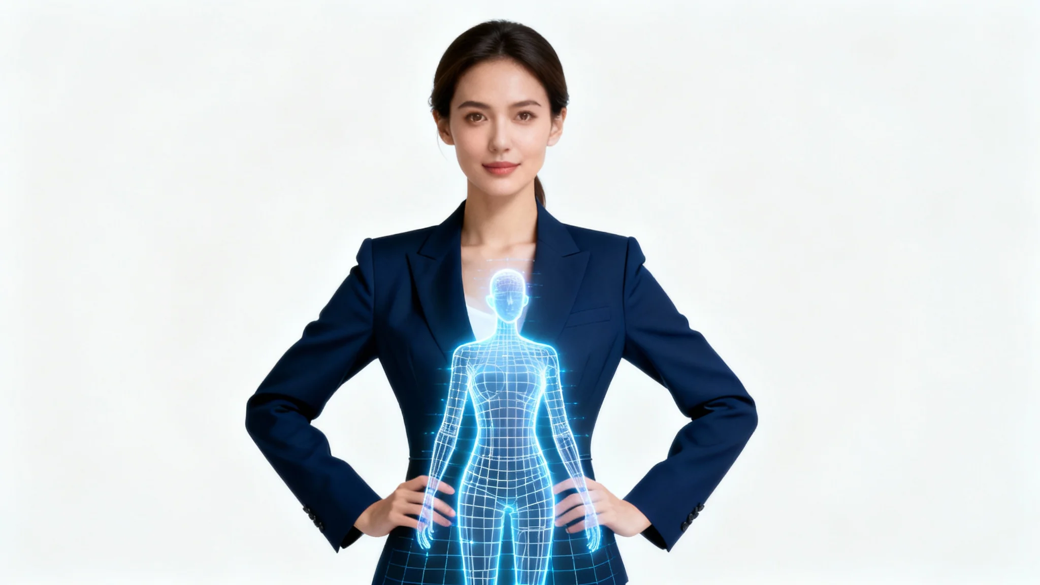 A woman's headshot on a white background, with the rest of her body being digitally generated below it to form a full-body portrait.