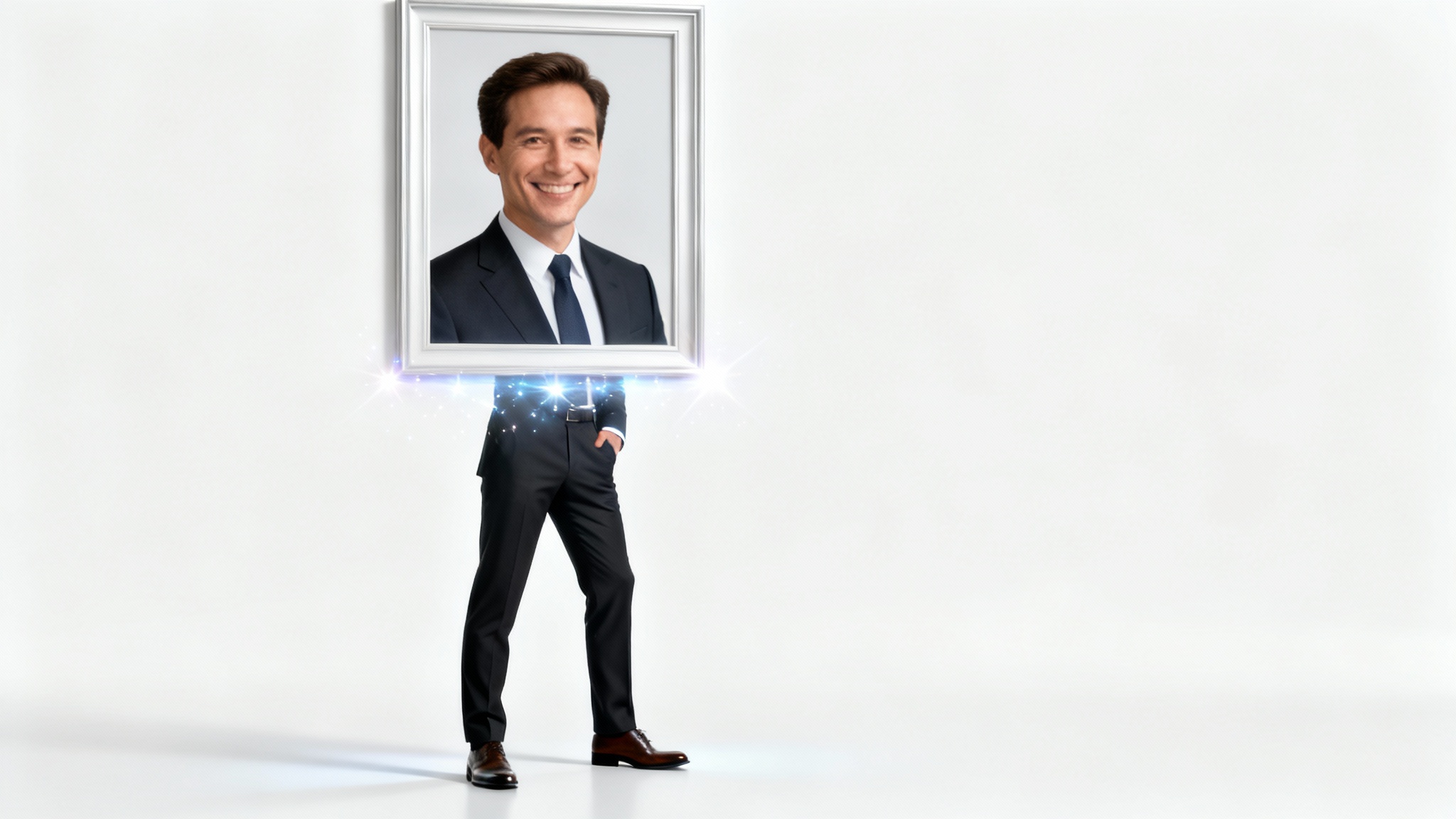 A conceptual image showing a framed headshot of a professional man at the top, with his full body extending seamlessly from the bottom of the frame, illustrating the concept of turning a headshot into a full-body picture.