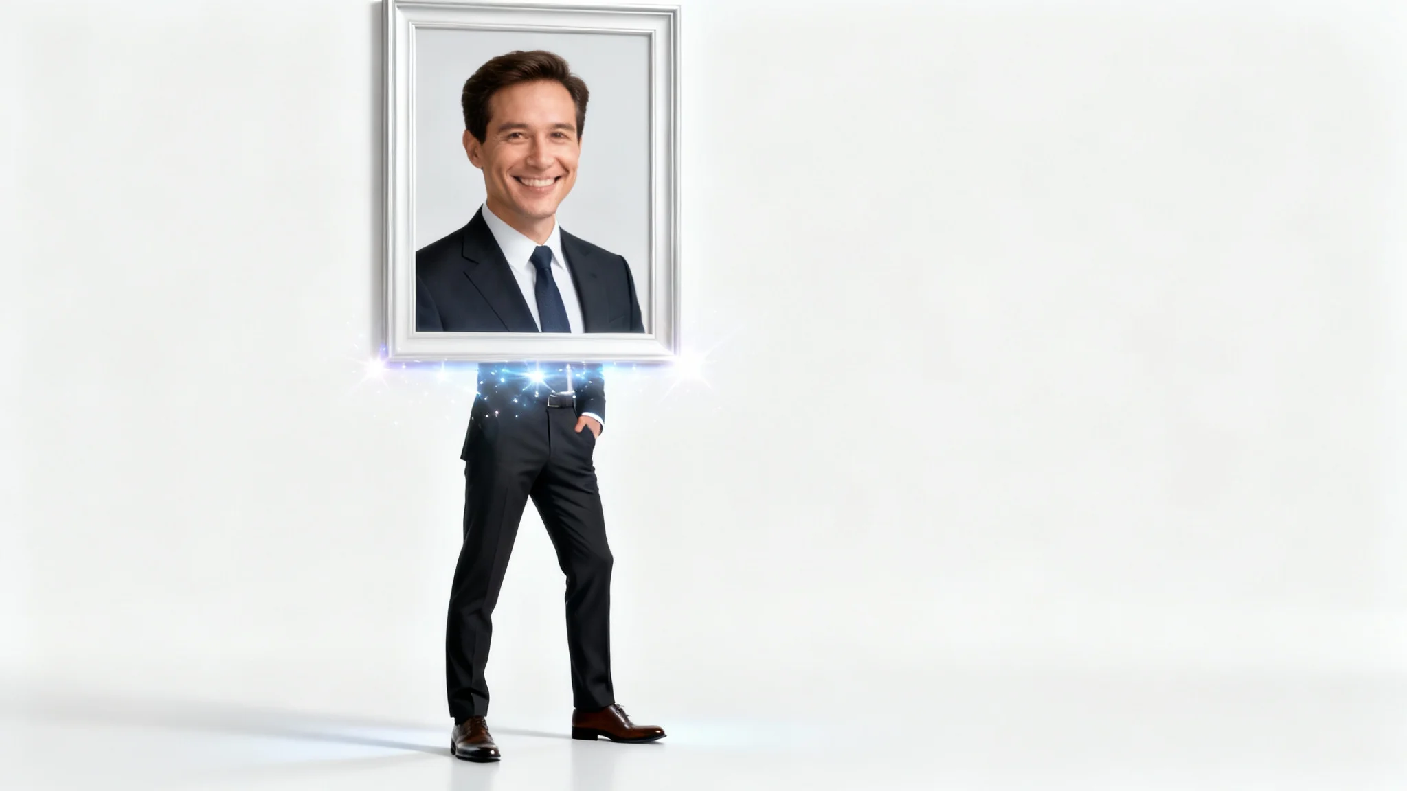 A conceptual image showing a framed headshot of a professional man at the top, with his full body extending seamlessly from the bottom of the frame, illustrating the concept of turning a headshot into a full-body picture.