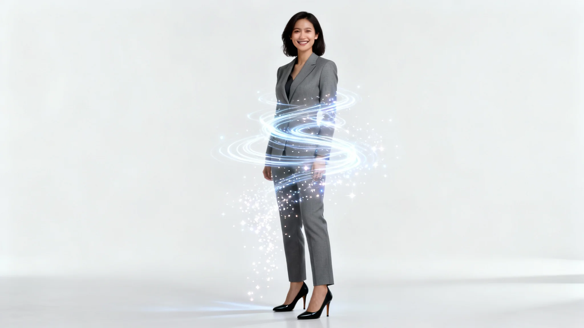 A conceptual image showing the top half of a woman as a photorealistic headshot, with the bottom half being magically generated from digital lines and particles to create a full-body portrait.