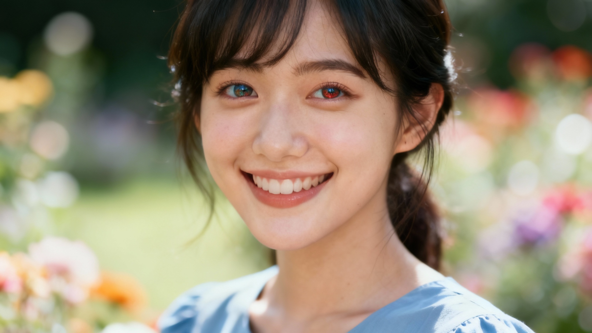A high-quality portrait of a smiling young woman after using a red eye remover, showcasing her clear, vibrant eyes against a blurred garden background.