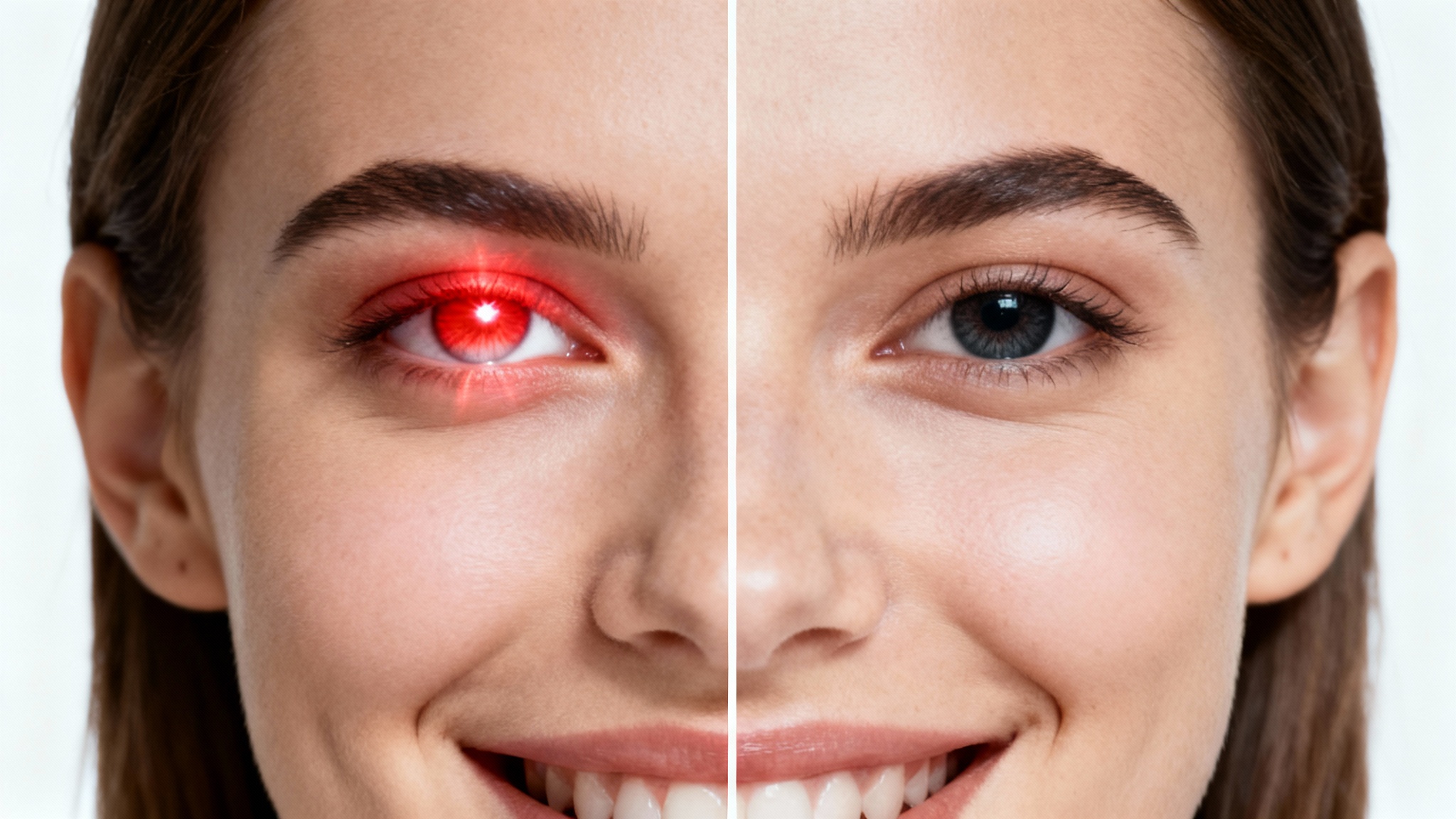A split-image portrait showing the effect of a red-eye remover. The left side of the woman's face has a prominent red-eye, and the right side shows the eye corrected to its natural color against a white background.