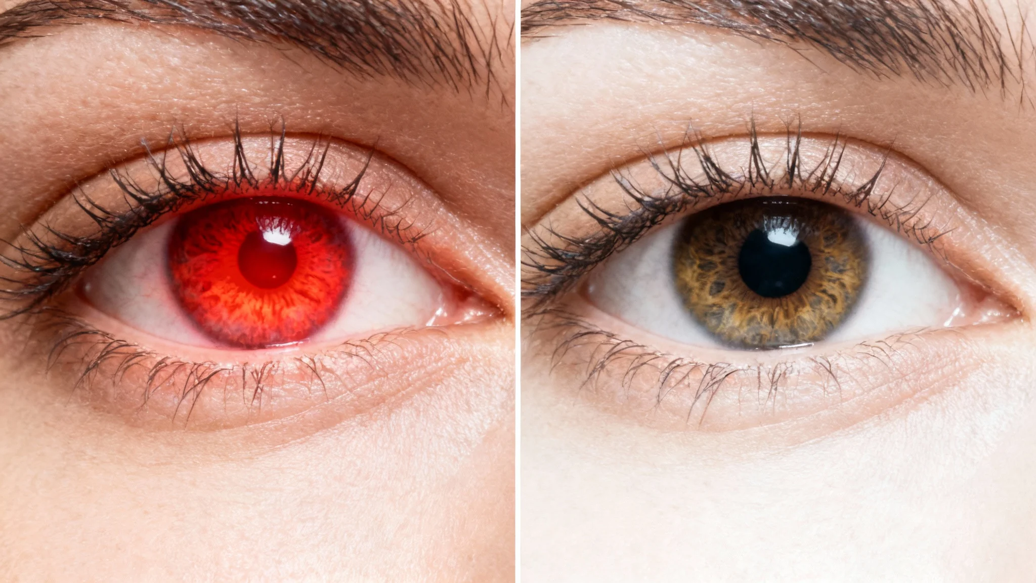 A close-up split image showing the before and after of red eye removal. On the left, an eye has a glowing red pupil. On the right, the same eye is corrected with a natural, dark pupil.