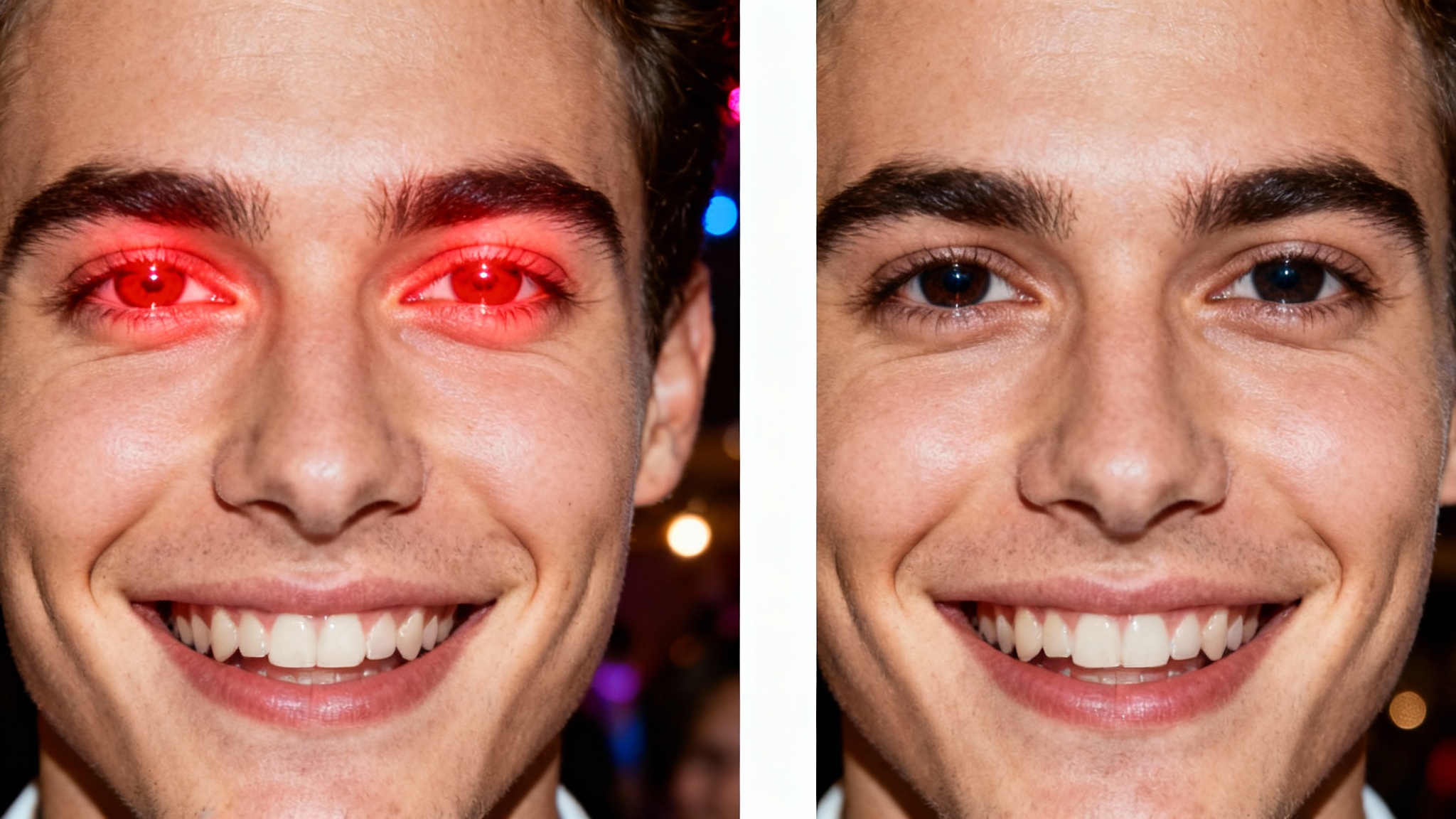A before-and-after comparison image showing the effect of a red-eye remover tool. The left side shows a portrait with red eyes, and the right side shows the same portrait with the eyes corrected to a natural state.