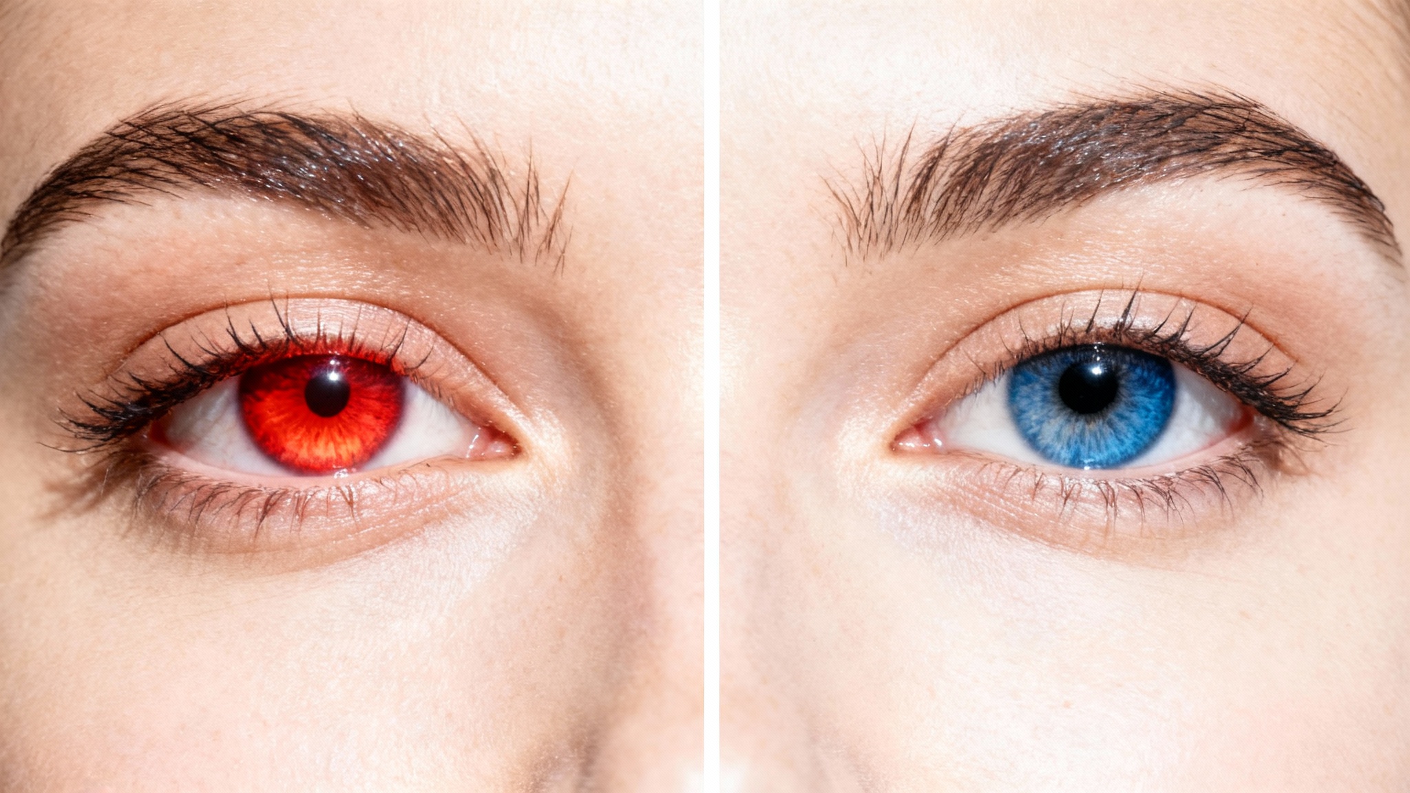A close-up portrait of a woman's face, split in half to show the effect of a red-eye remover tool. The left side shows her eye with a bright red pupil, and the right side shows the same eye corrected to a natural black pupil.