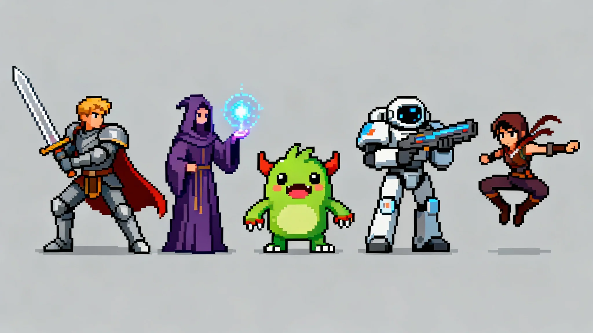 A high-quality digital lineup of five professionally designed 8-bit pixel art characters, including a knight, mage, and space marine, displayed as final game assets.
