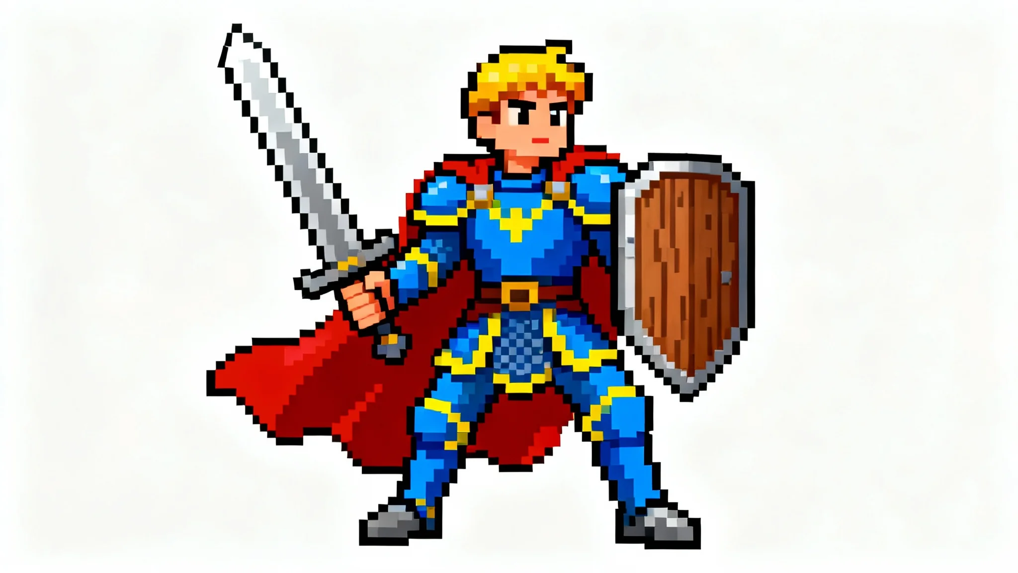 An 8-bit pixel art character of a warrior in blue armor with a red cape, holding a sword and shield, displayed on a white background.