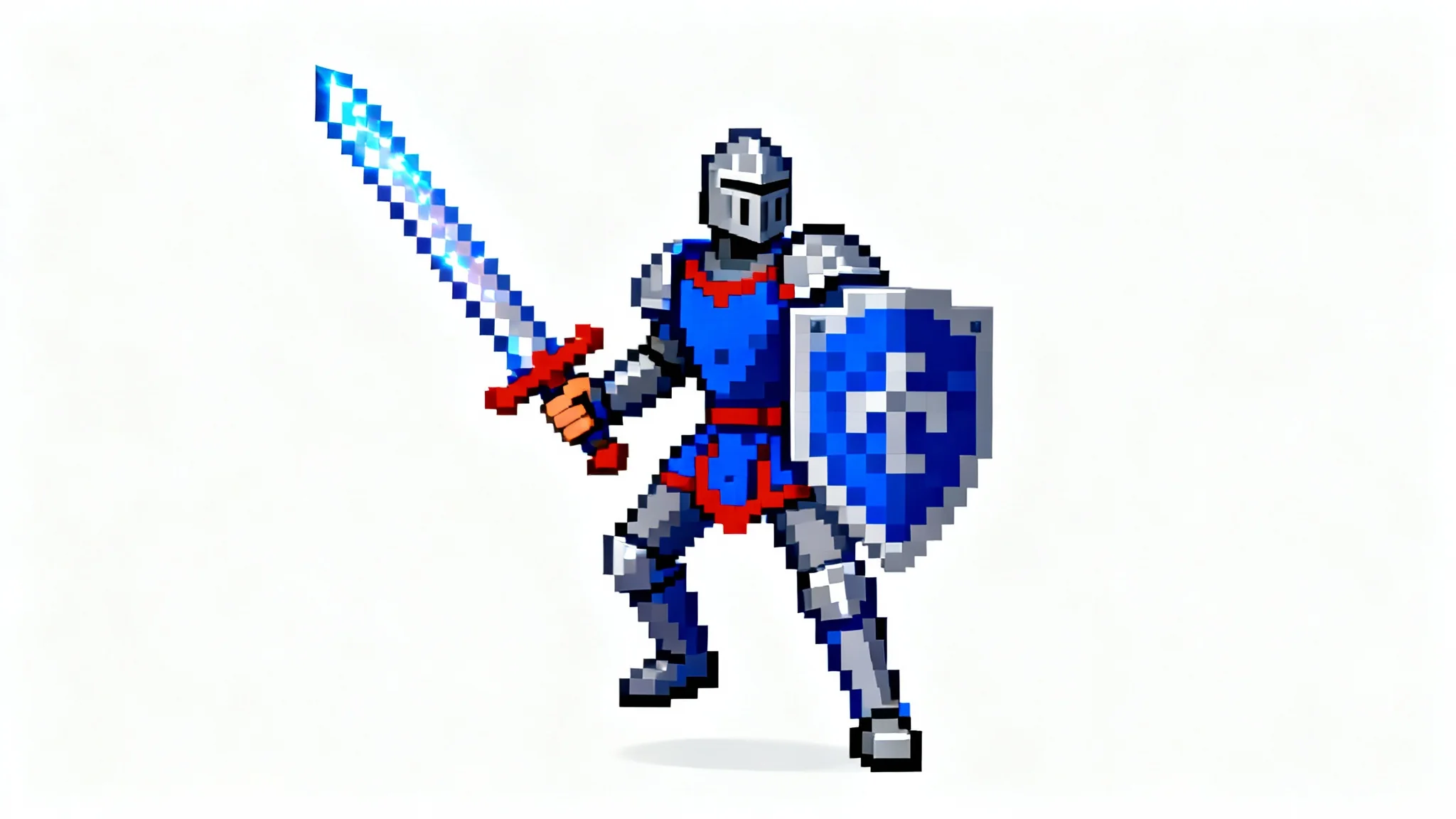 An 8-bit pixel art character of a knight in blue armor holding a sword and shield, set against a plain white background.