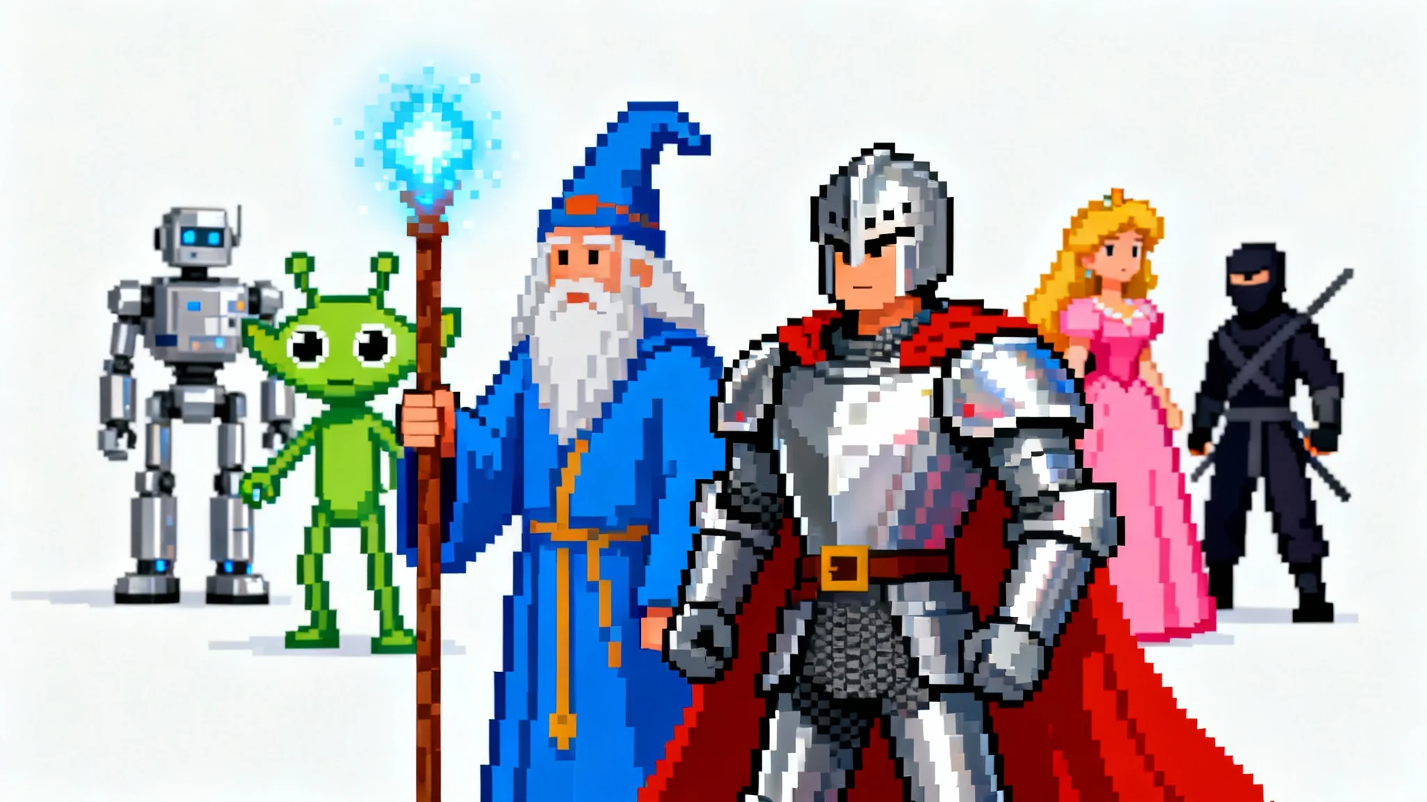 A collection of colorful 8-bit pixel art characters, including a knight, a wizard, and an alien, displayed against a clean white background.