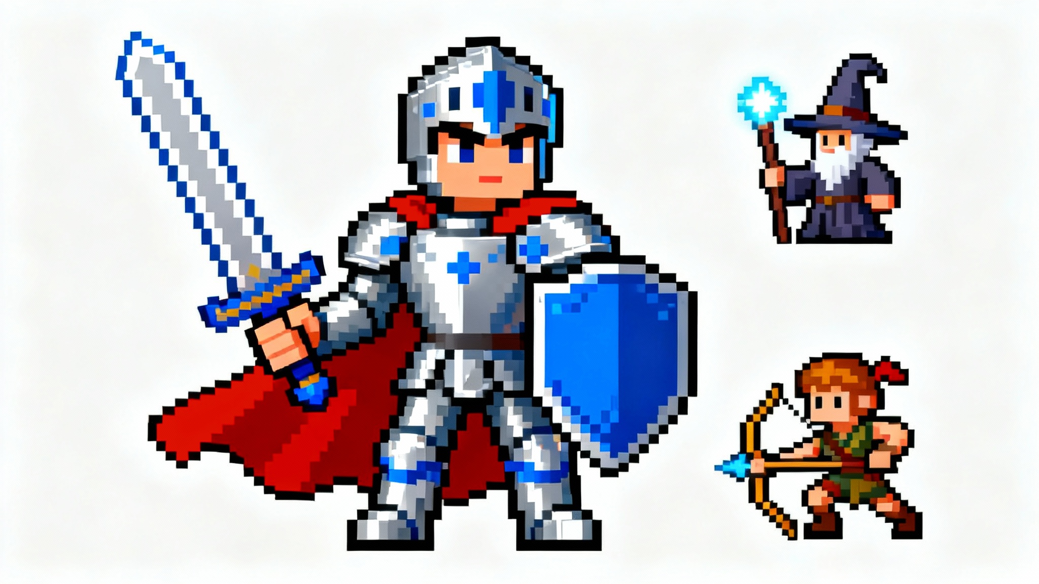 An 8-bit pixel art character of a knight in silver armor and a red cape, standing on a white background, representing a retro video game character design.