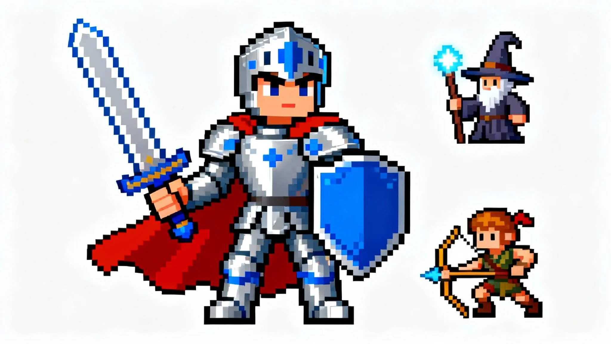 An 8-bit pixel art character of a knight in silver armor and a red cape, standing on a white background, representing a retro video game character design.
