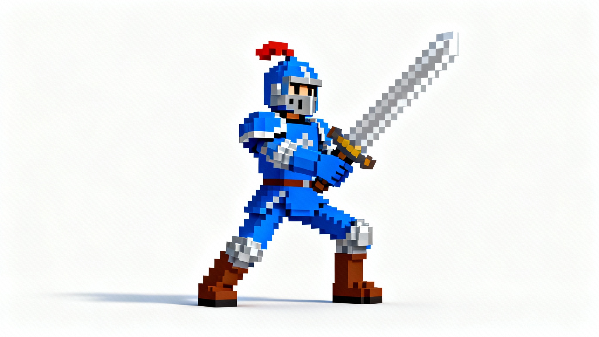 An 8-bit pixel art mockup of a knight character in blue armor holding a sword, presented in a classic video game style against a white background.