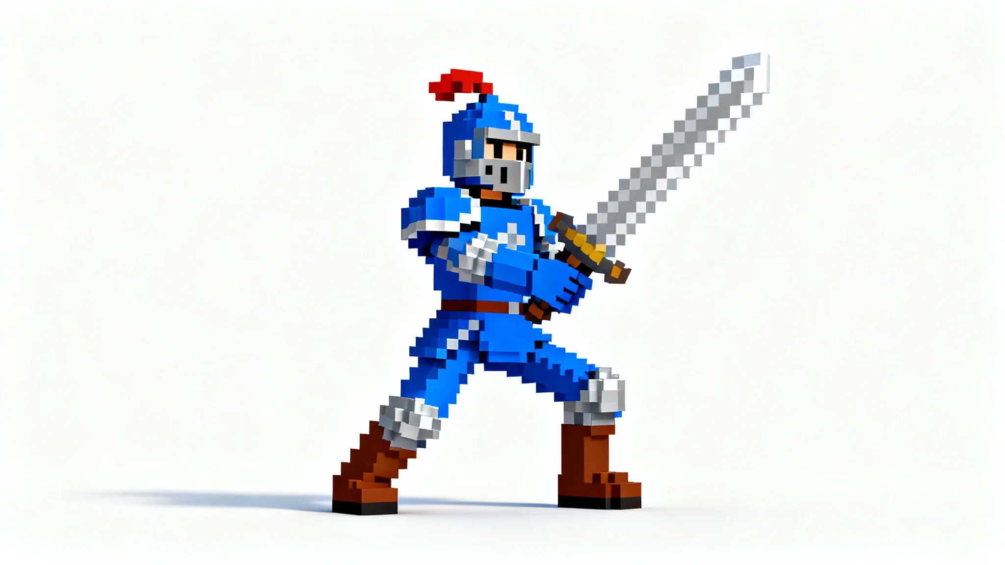 An 8-bit pixel art mockup of a knight character in blue armor holding a sword, presented in a classic video game style against a white background.