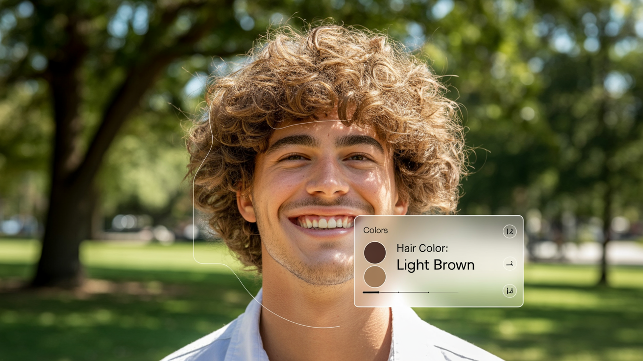 A demonstration of an AI hair color identification tool. The image shows a photo of a man with his hair highlighted, and a UI element on the side displaying the identified color: 'Light Brown'.