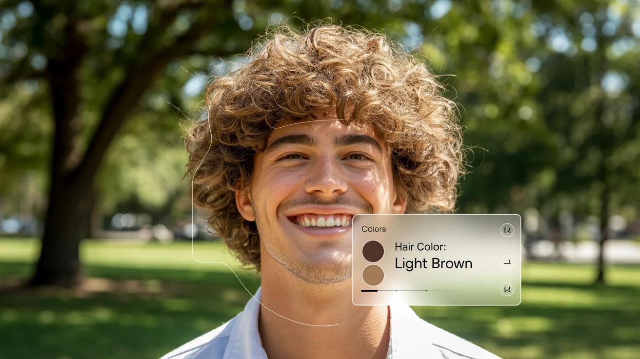A demonstration of an AI hair color identification tool. The image shows a photo of a man with his hair highlighted, and a UI element on the side displaying the identified color: 'Light Brown'.