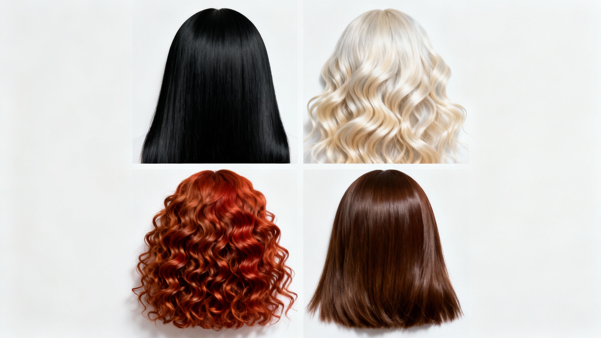 Four distinct hair swatches arranged neatly on a white background, showcasing different colors and textures: black, blonde, red, and brown.