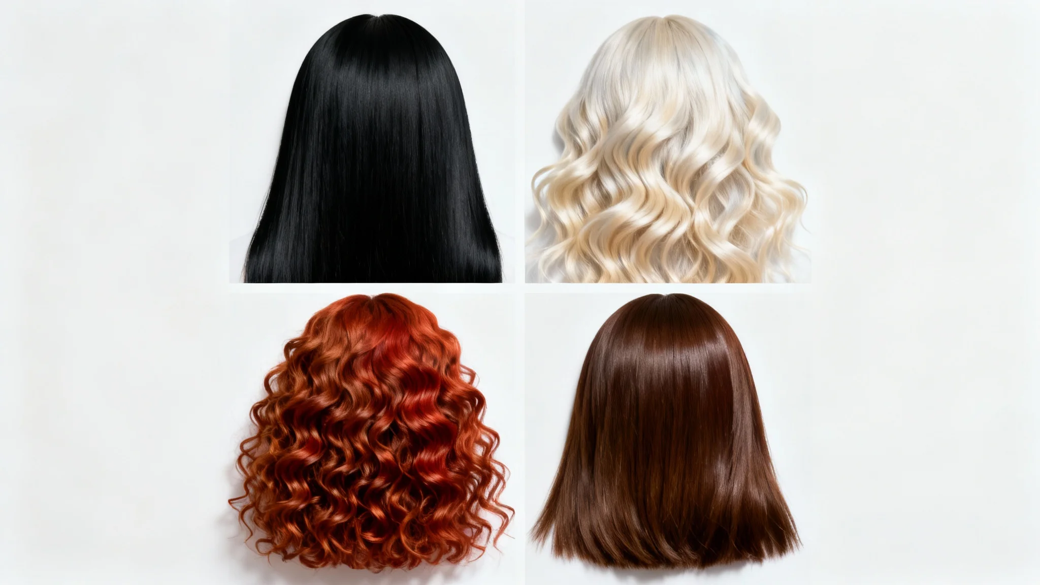 Four distinct hair swatches arranged neatly on a white background, showcasing different colors and textures: black, blonde, red, and brown.
