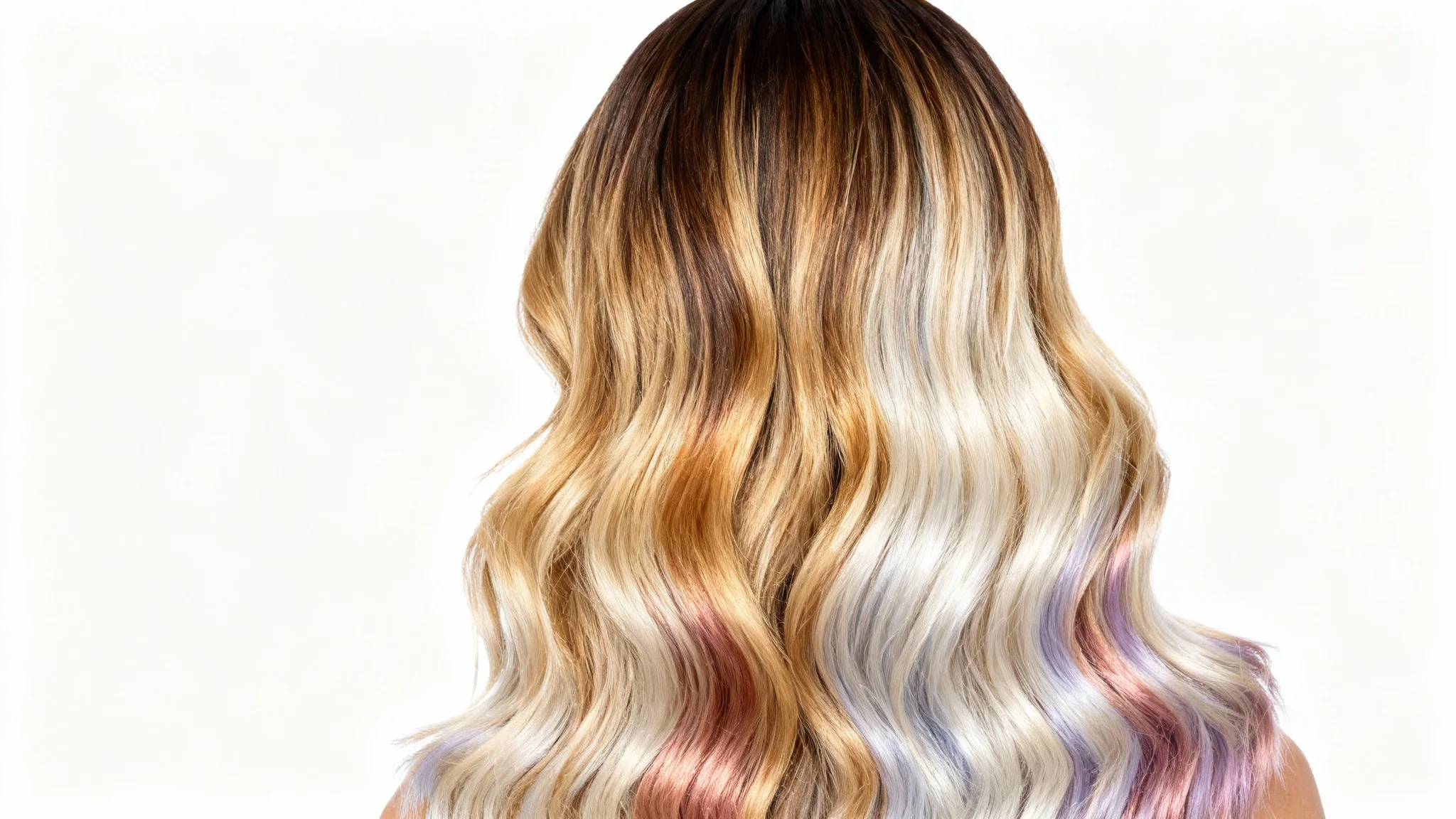 A close-up photograph showcasing the back of a woman's long, wavy hair with a multi-tonal balayage, featuring shades of brown, blonde, and subtle pastel highlights, against a plain white background.